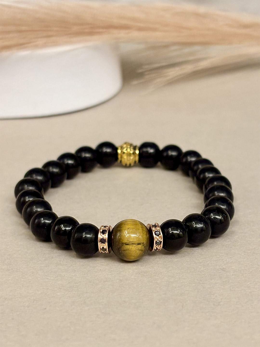 SANAA CREATIONS Unisex Tiger's Eye & Onyx Stones Studded Elasticated Bracelet