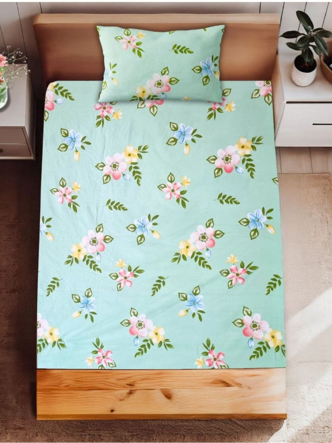 HARYANA HOOPS Green & Pink Floral 220 TC Single Bedsheet Set 1.64m x 2.31m