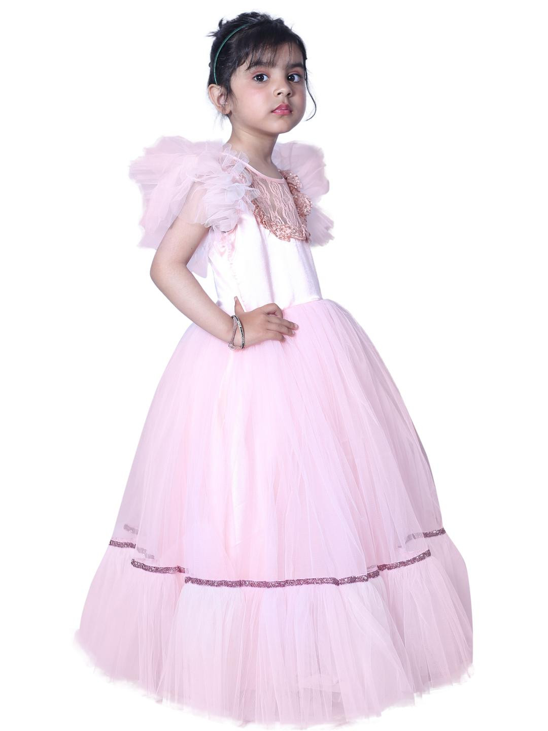 Shahina Fashion Girl Peach Soild Satin, Net Sleeveless Long Dress