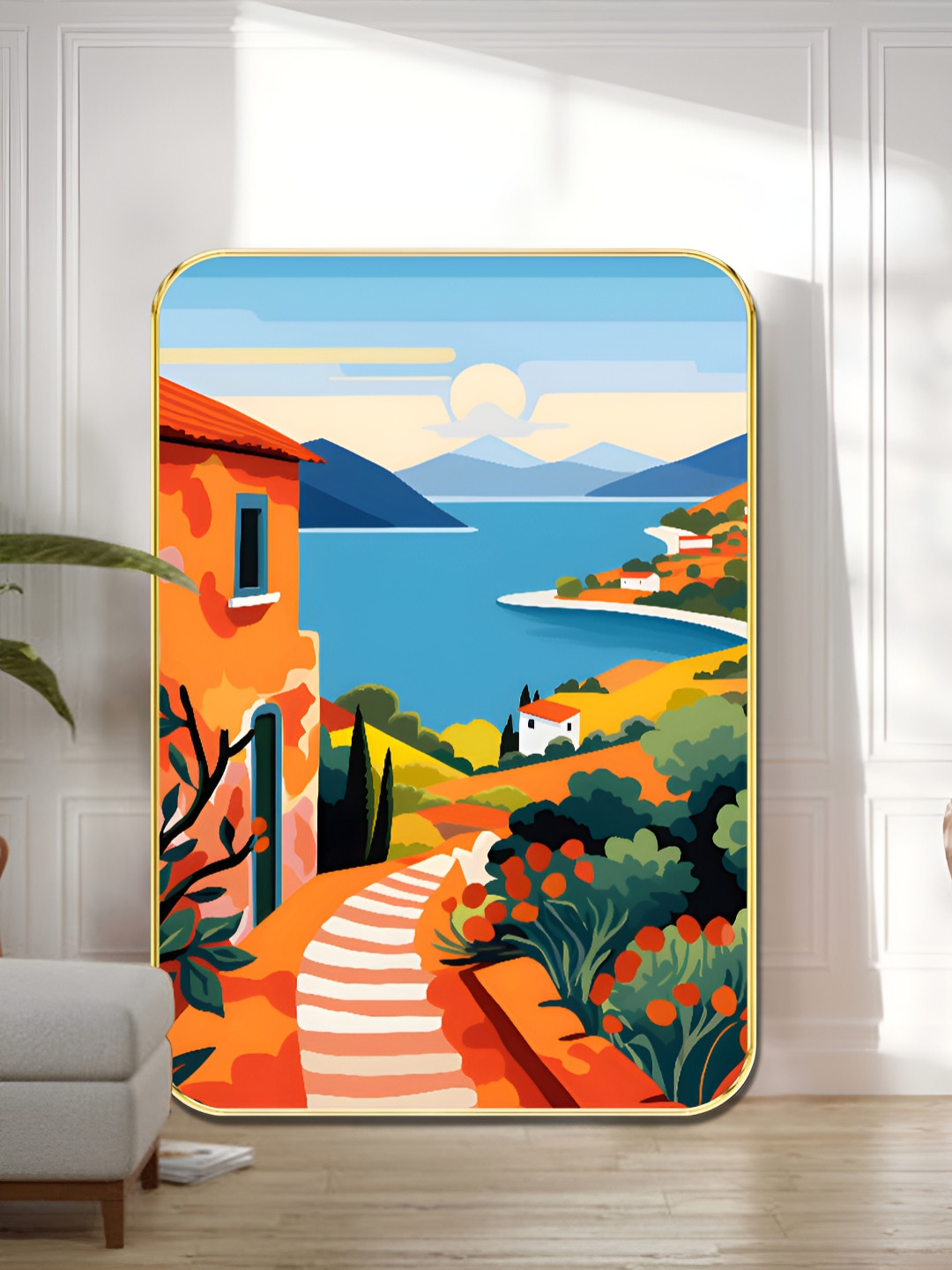 SAF Orange & Green Mediterranean Coastal Village Wooden Wall Art
