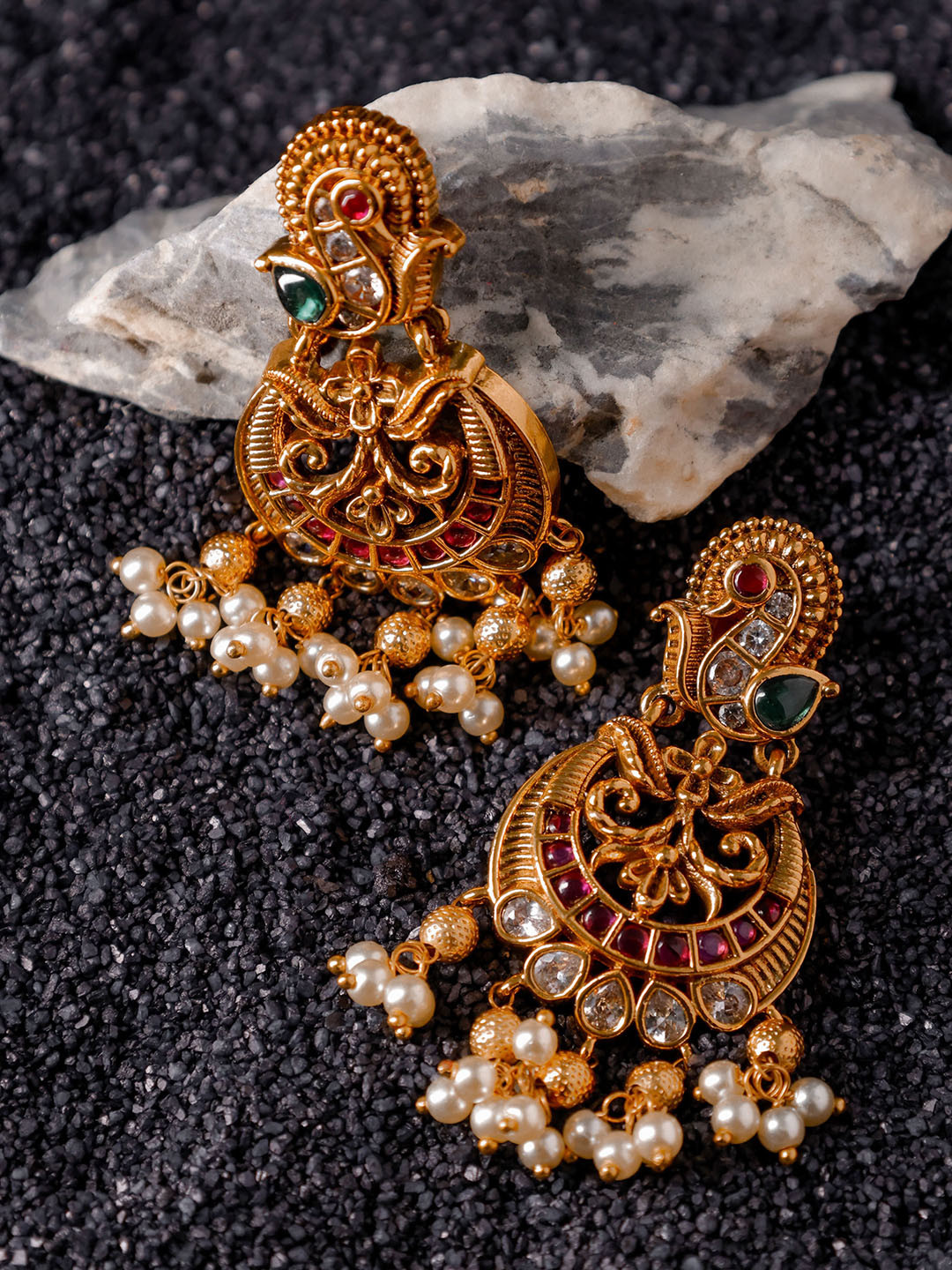 AMALAAN JEWELS Gold-Plated Artificial Stones Studded & Beaded Contemporary Drop Earrings