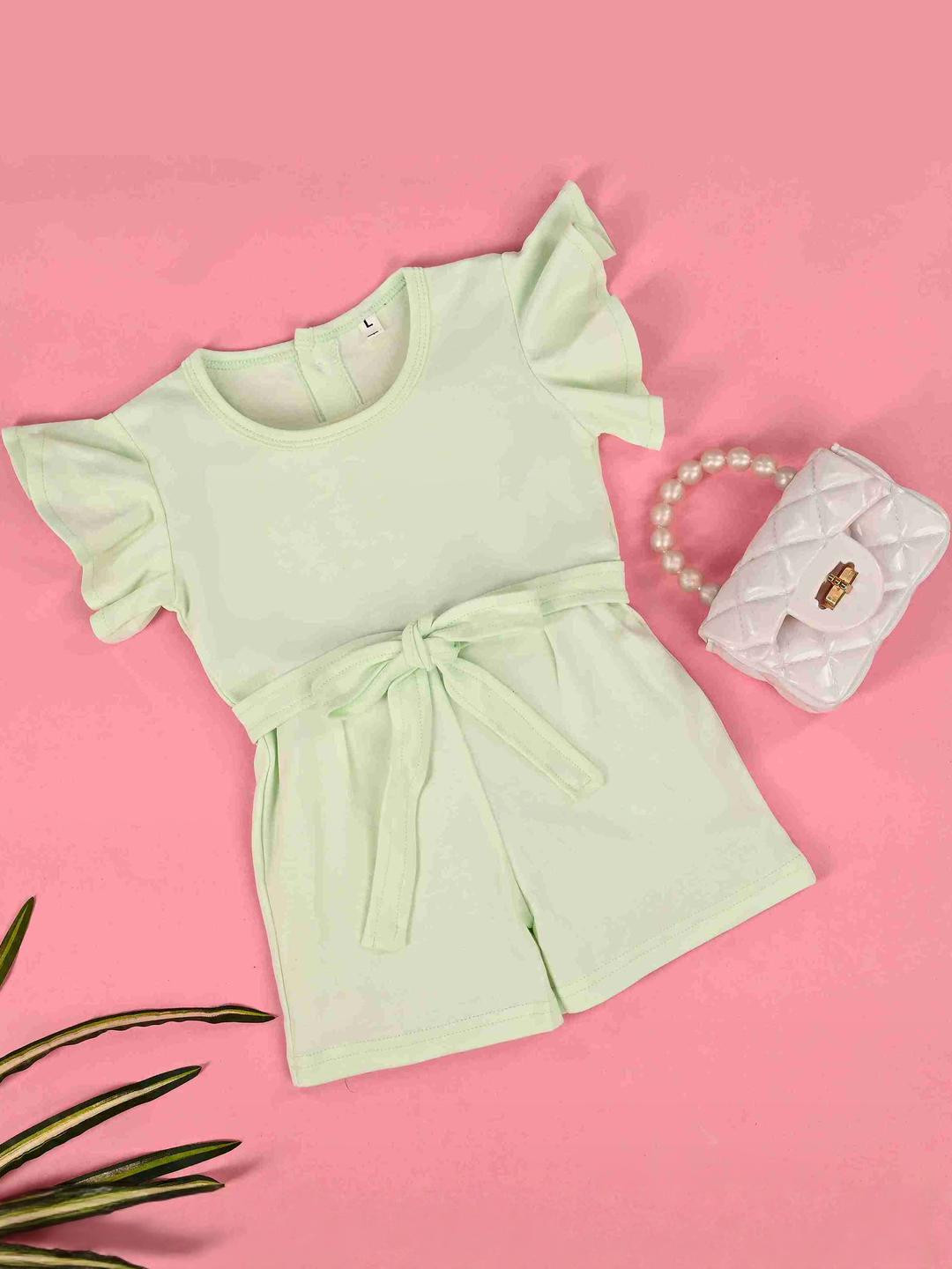 Hijo Kids Wear Baby Girls Green Solid Knotted Shoulder Jumpsuit