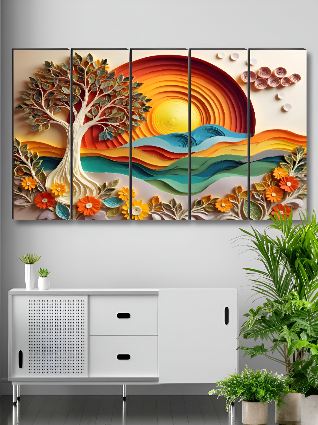 Myntra Elegant Homes Yellow & Red 5 Pieces Sunset And Floral Wooden Wall Arts