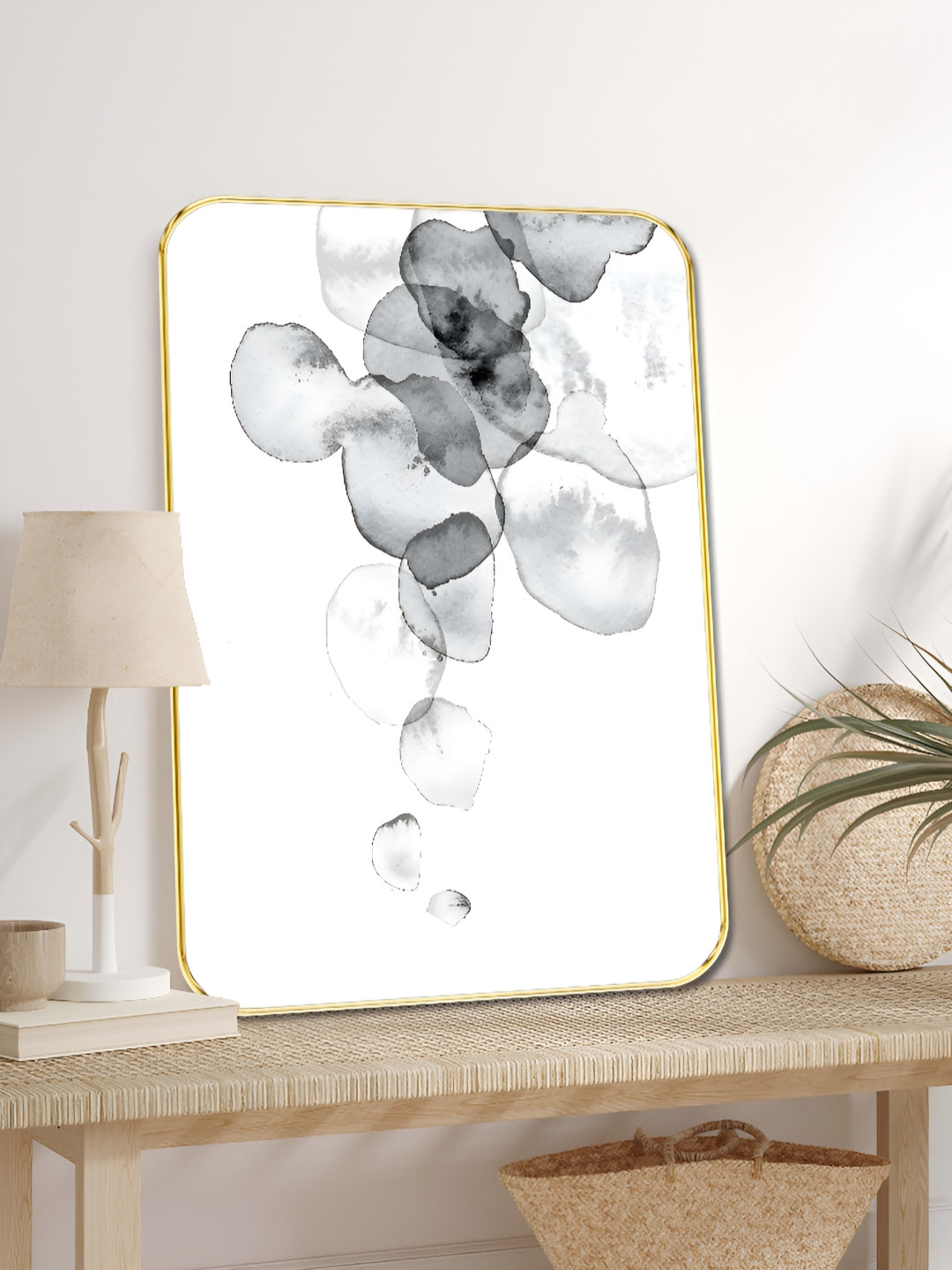 SAF White & Grey Minimalist Ink Blot Wooden Wall Art