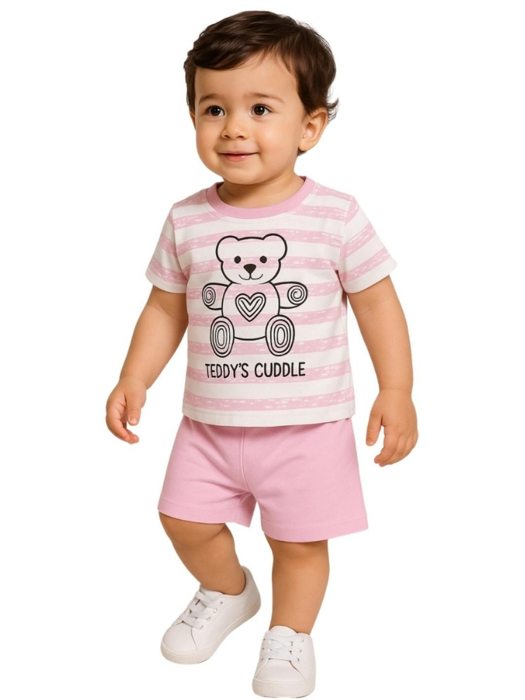 Cdeck Boys Pink & White Cotton Printed T-shirt with Shorts