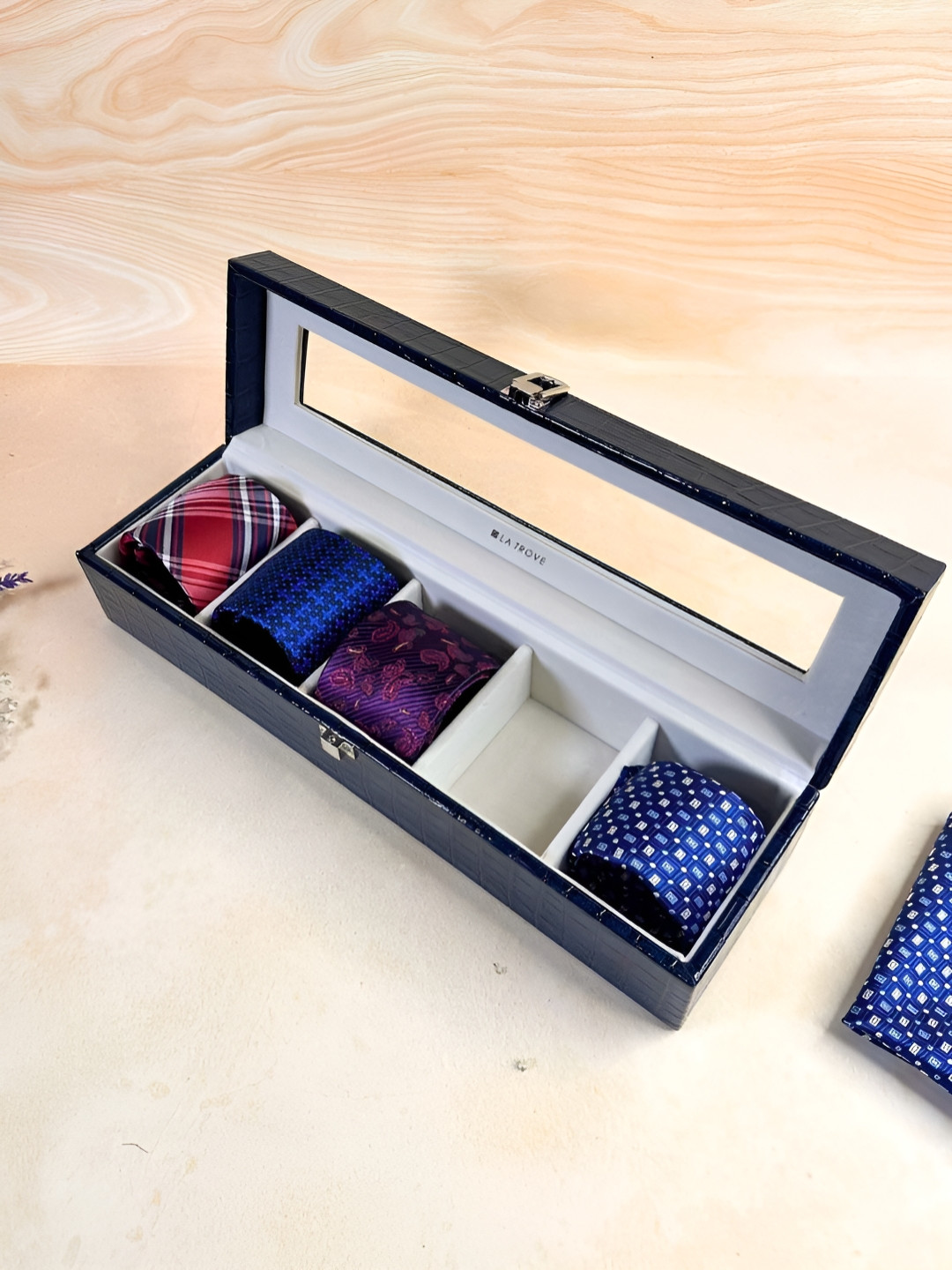 La Trove Men 5 Slot Blue Leather Tie Organizer Box for Wardrobe Closet
