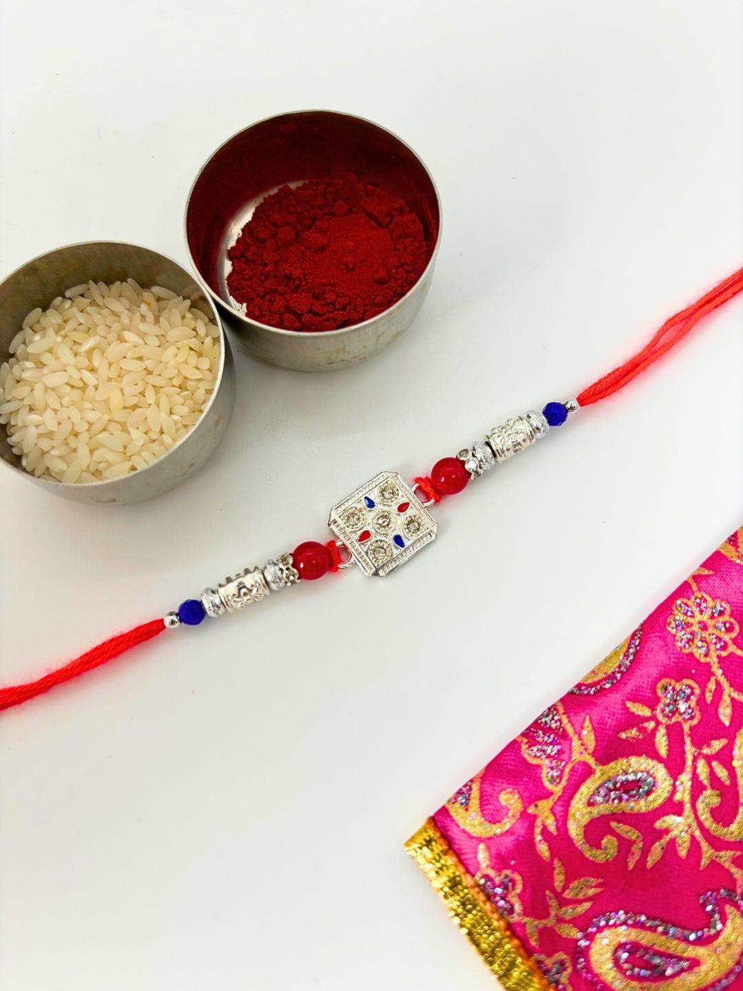 German Silver Stone Studded & Beaded Thread Rakhi Traditional Handmade Rakhi for Brother