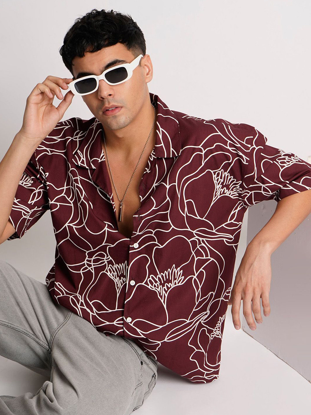 Bene Kleed Floral Printed Cuban Collar Pure Cotton Oversized Casual Shirt