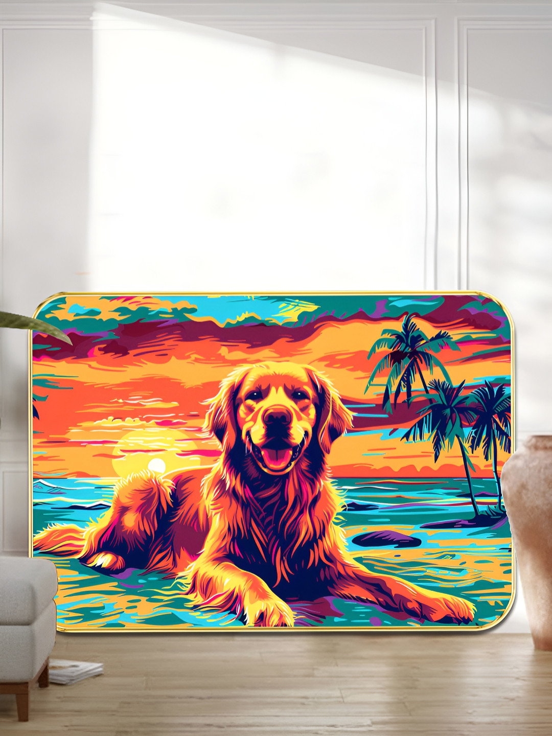 SAF Brown & Blue Golden Retriever Printed MDF Wooden Wall Art