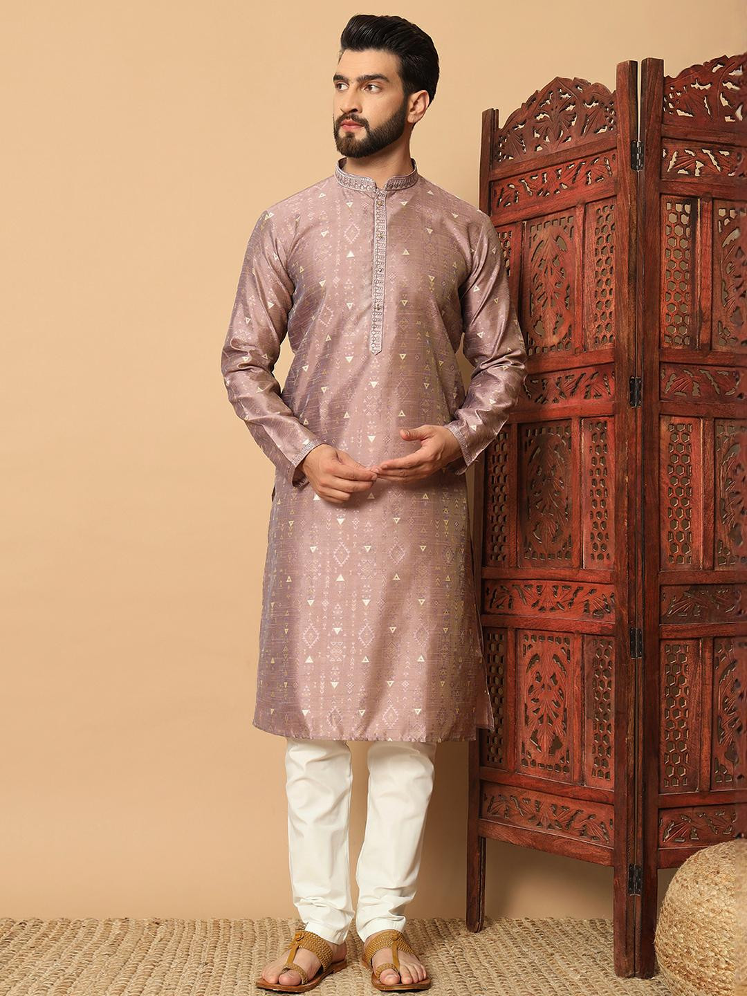 Men's Lilac Mauve Woven Pattern Kurta with Embroidered Collar