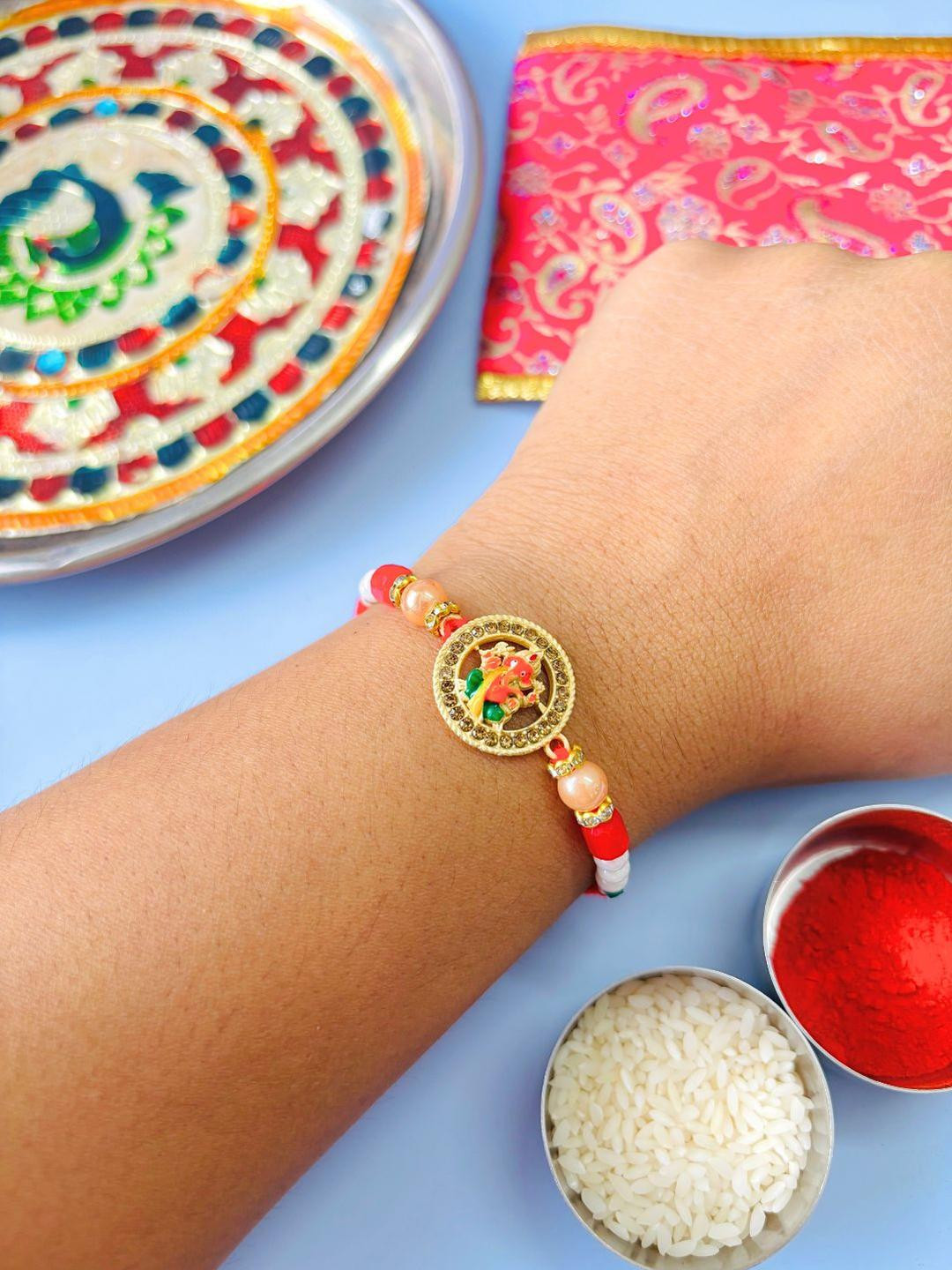 Ganeshji Rakhi Orange Yellow Kundan Meenakari Rakhi Traditional Handmade Rakhi for Brother