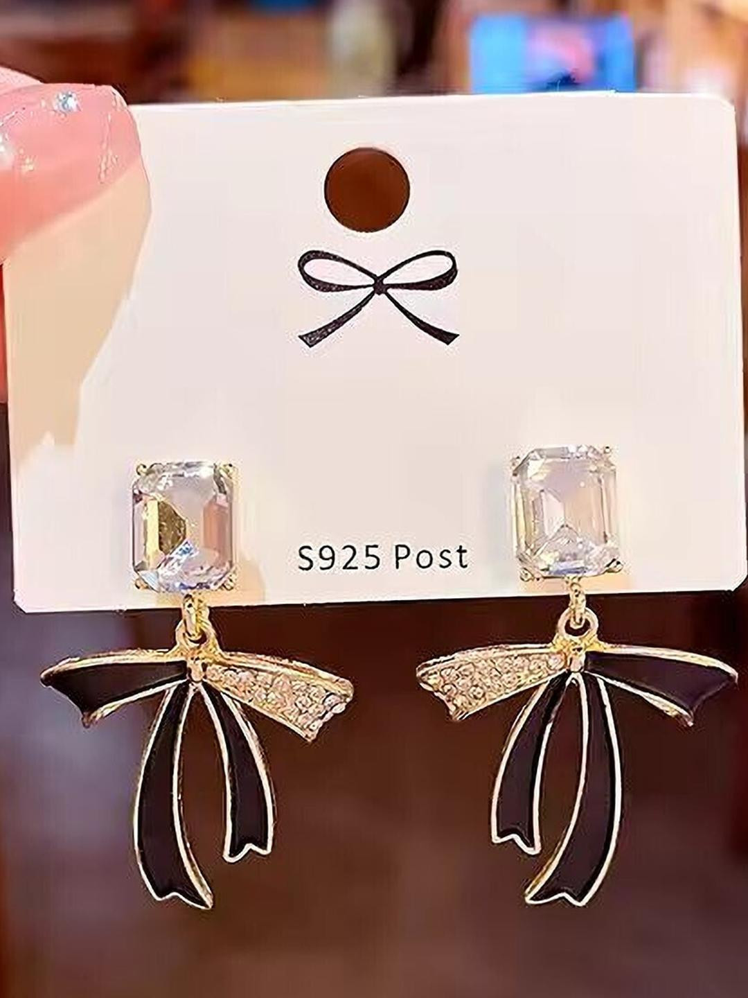 Adornity Women Black and White Stone Studded Bow Drop Earrings