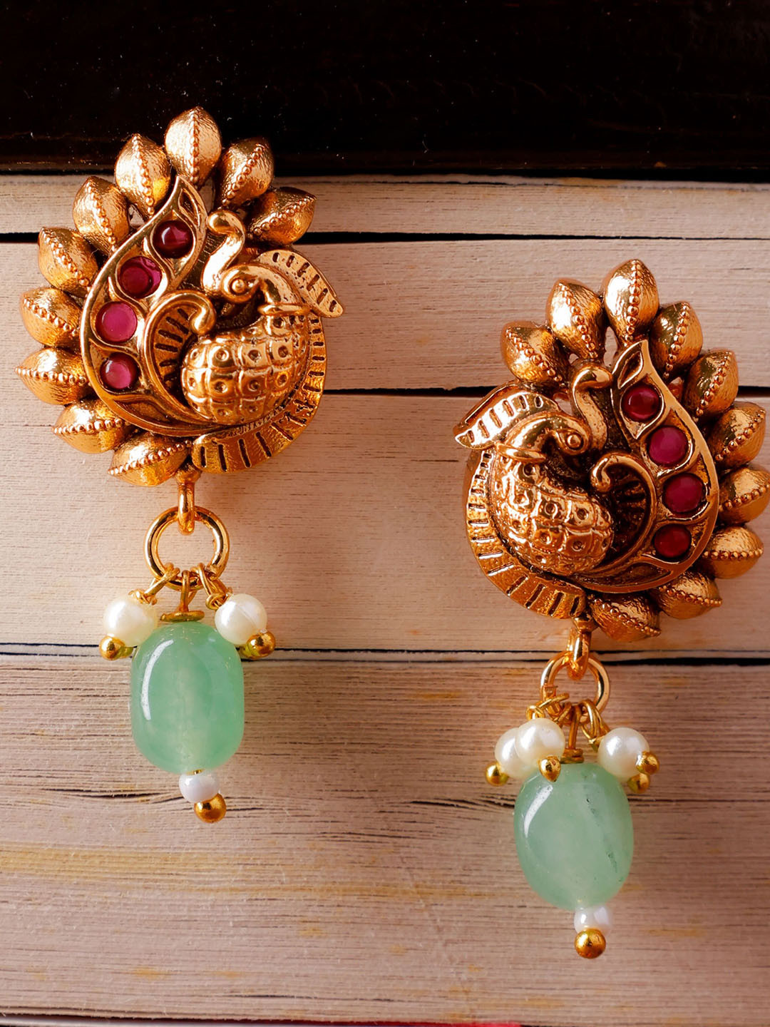 AMALAAN JEWELS Rang Mahal Gold-Plated Stones Studded & Beaded Peacock Shaped Drop Earrings
