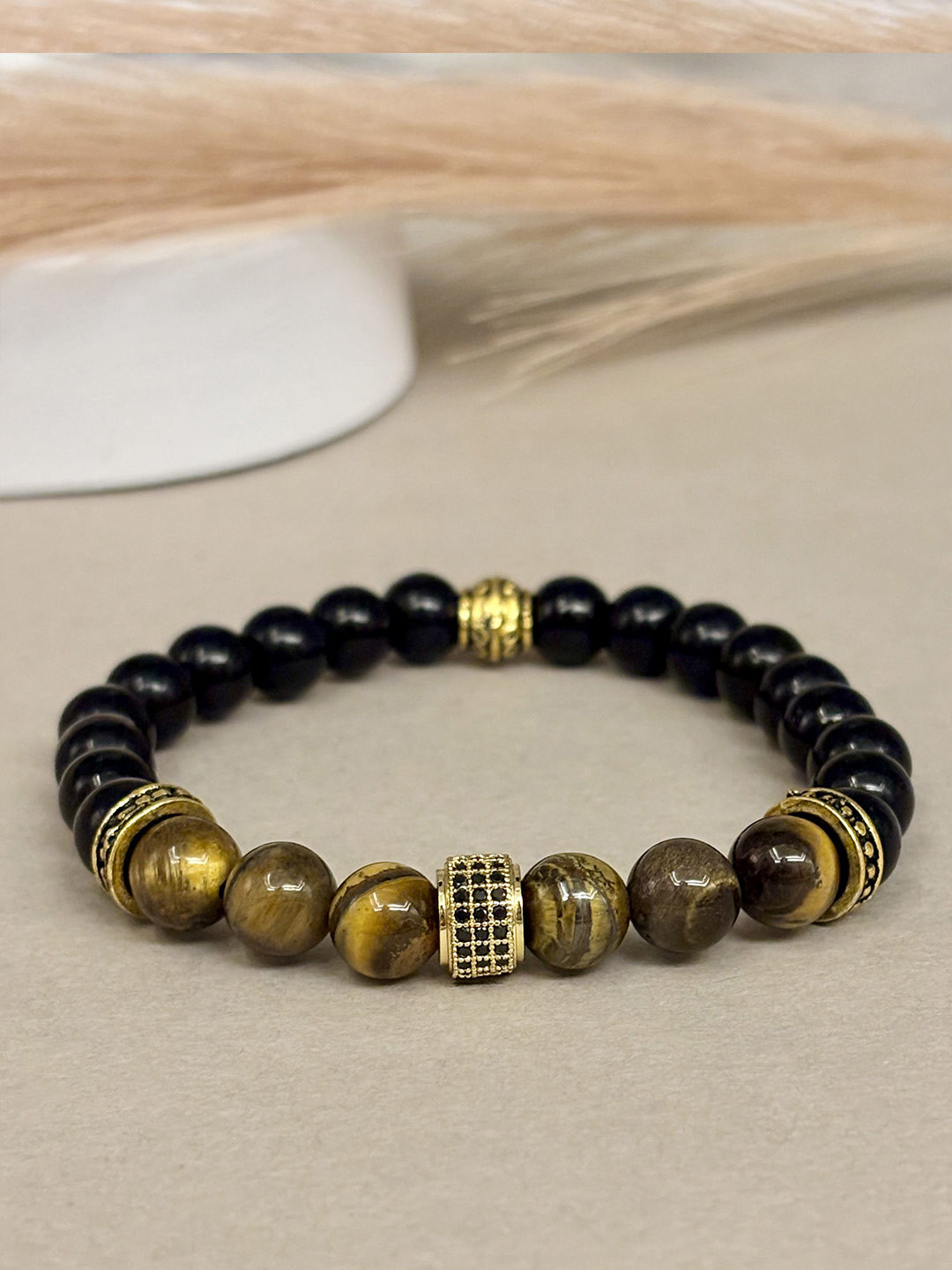 SANAA CREATIONS Unisex Onyx & Tigers Eye Beaded Antique Elasticated Bracelet