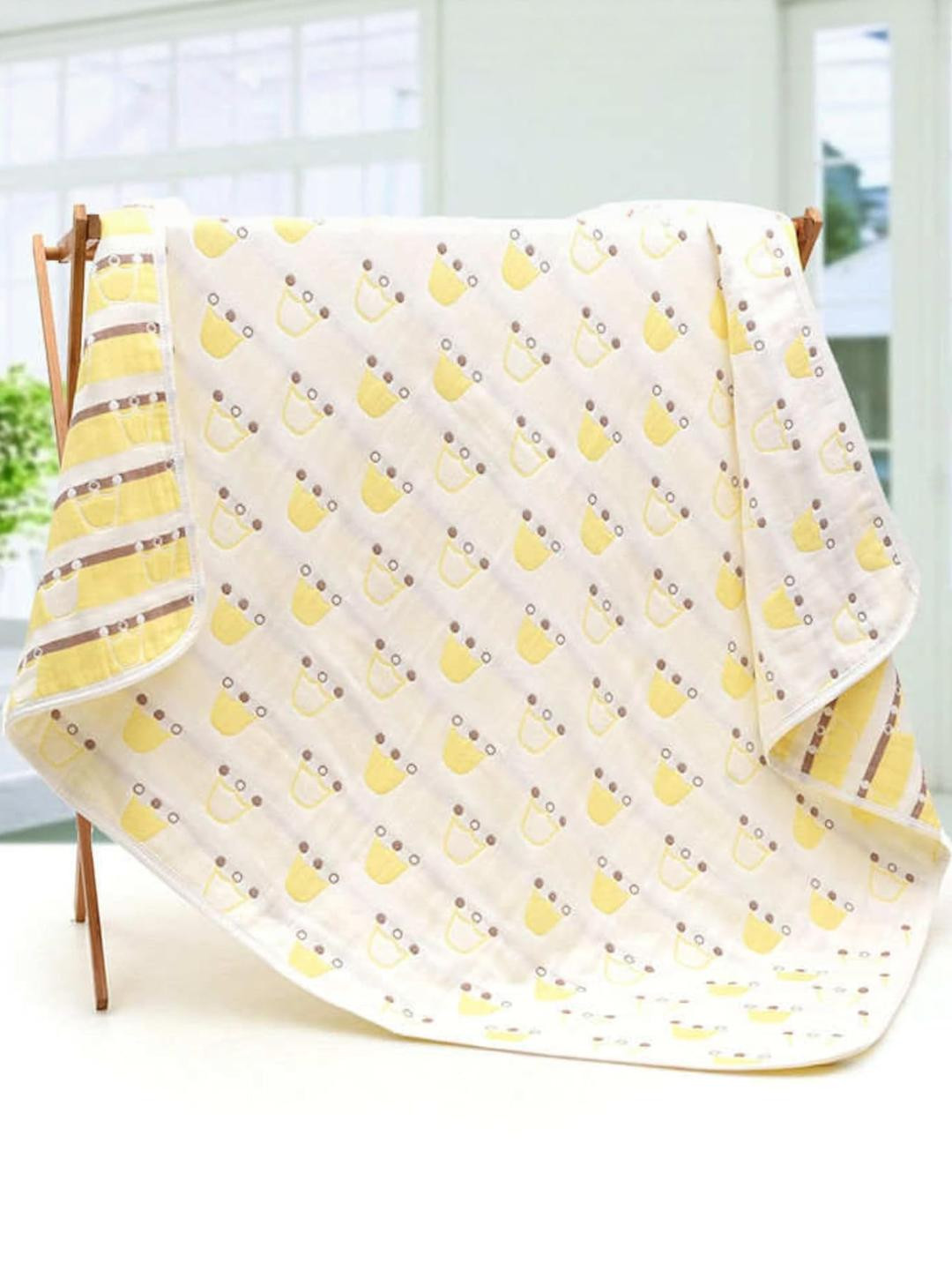 MumsLap Unisex Kids Yellow & White Printed Muslin Swaddle Swap Blanket
