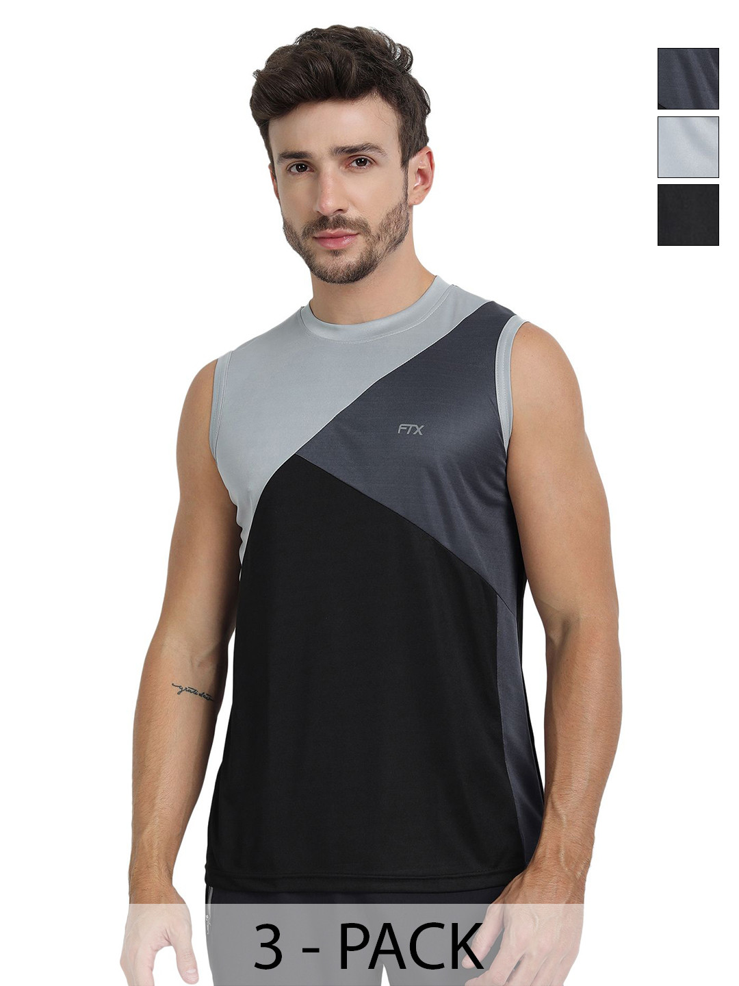 FTX Men Pack of 3 Colourblocked Round Neck T-shirts