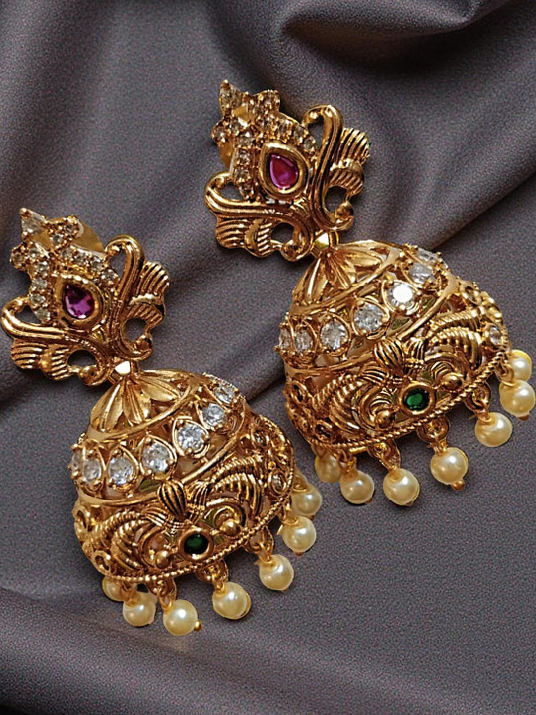 BlingNation Women Golden Color Brass Artificial Stones and Bead Ethnic Jhumka Earrings