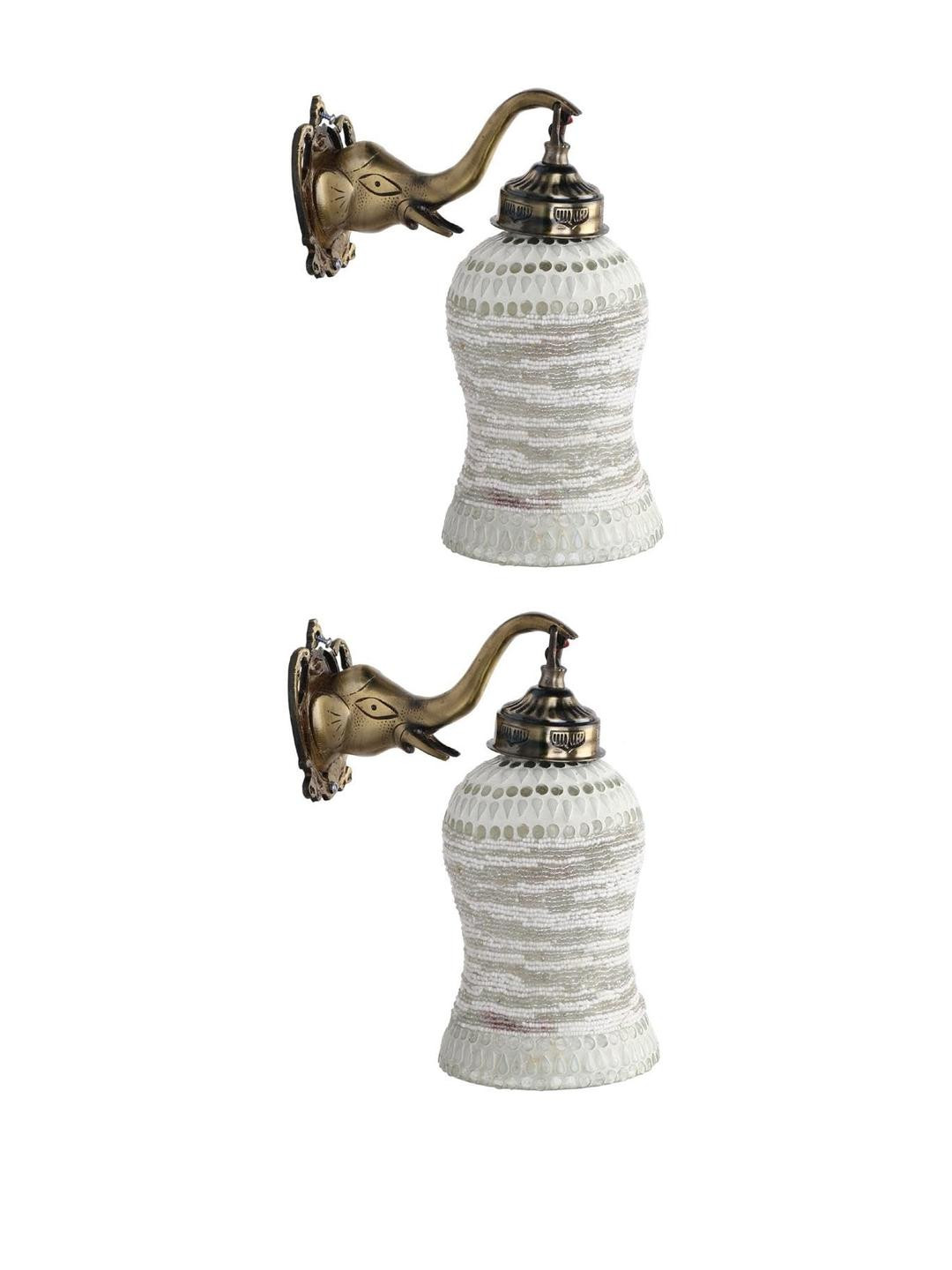 SOMIL White & Gold-Toned Textured Elephant Wall Mounted Cylinder Shaped Glass Wall Lamp