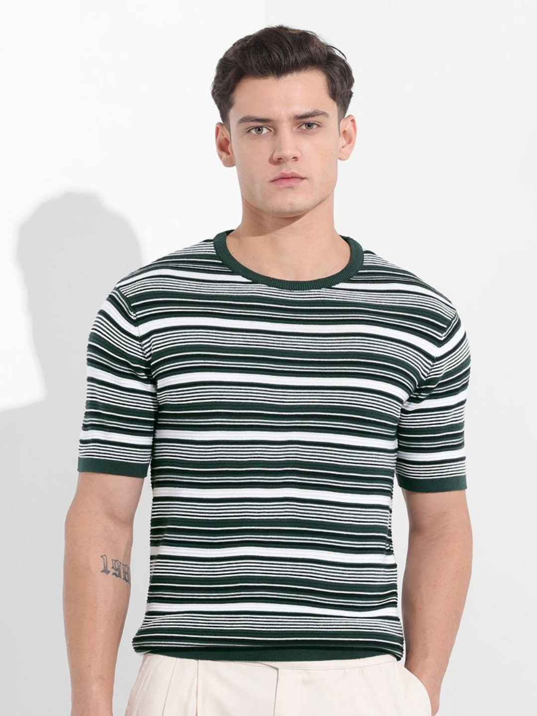 The Indian Garage Co Men Striped Round Neck Pure Cotton Slim Fit T-shirt