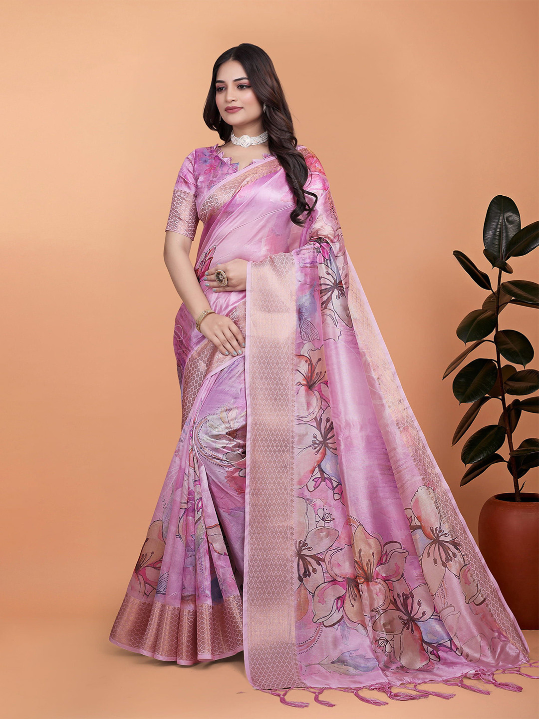 KALINI Floral Printed Woven Design Zari Banarasi Saree