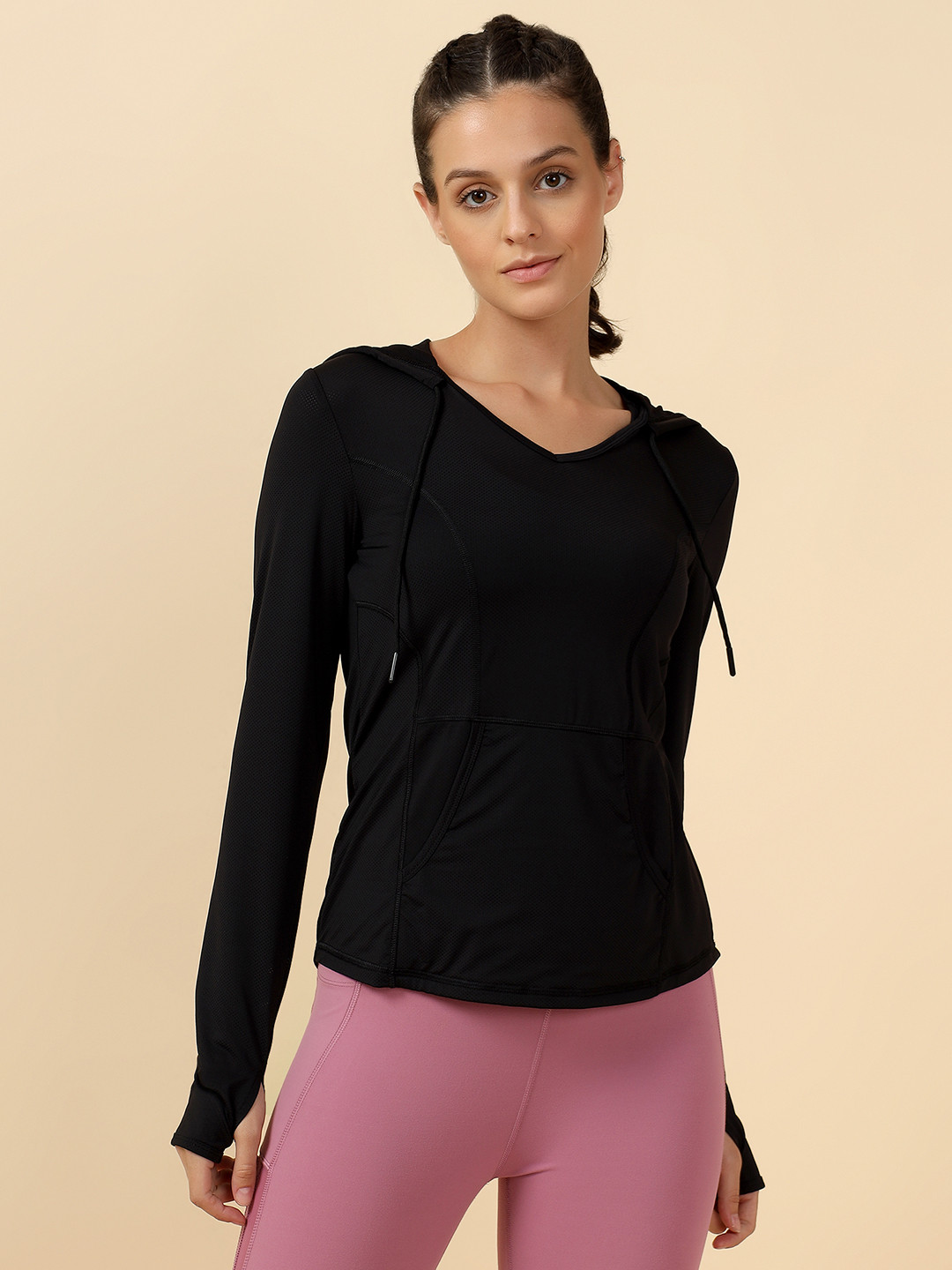 Fitkin Women Black Self Design Hood Training T-shirt