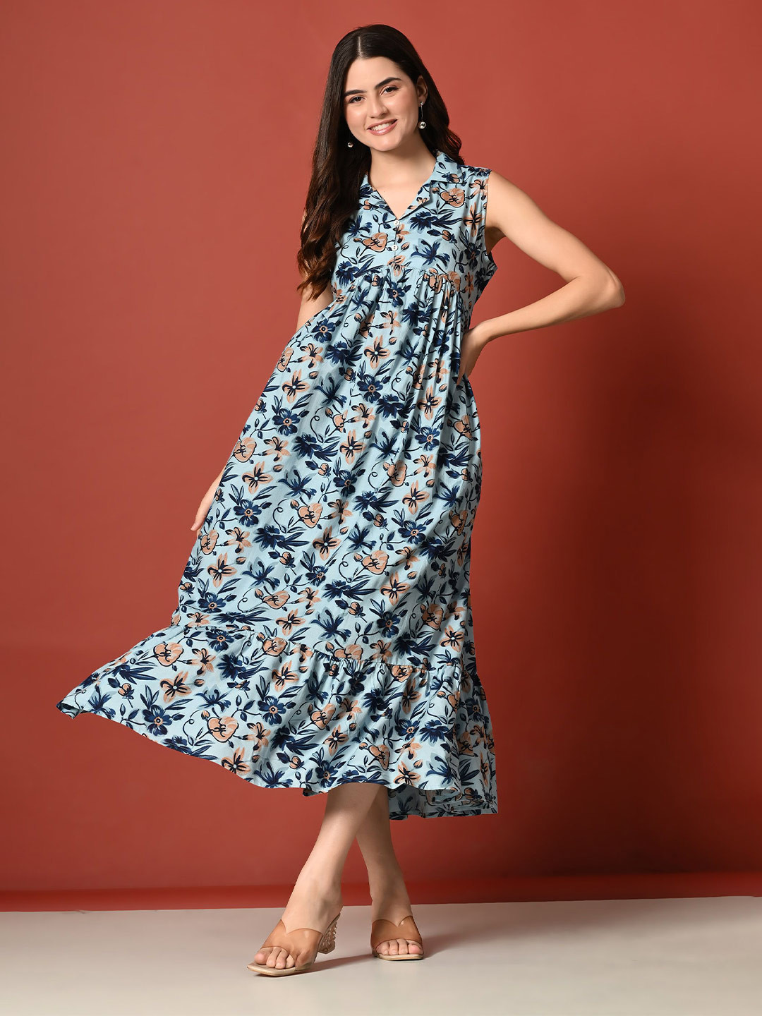 Saanvi Collection Women Floral Printed Cotton Empire Midi Dress