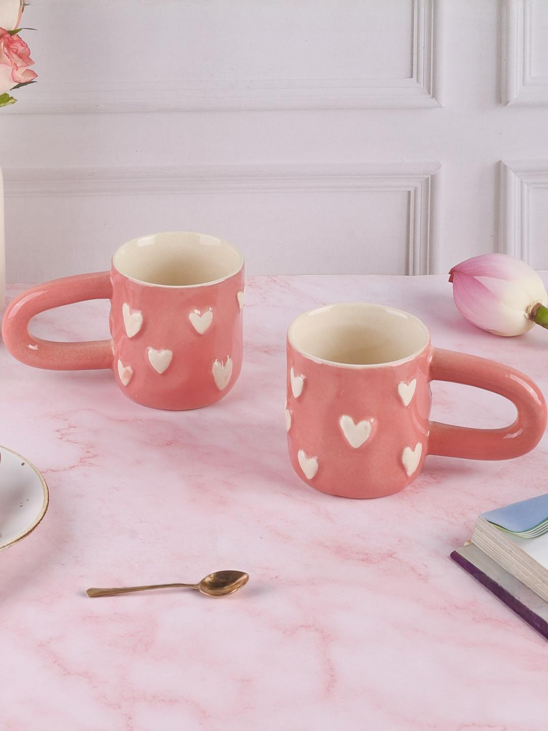 Olive Home Accents Pink & White Textured Stoneware Glossy Cups Set of Cups and Mugs