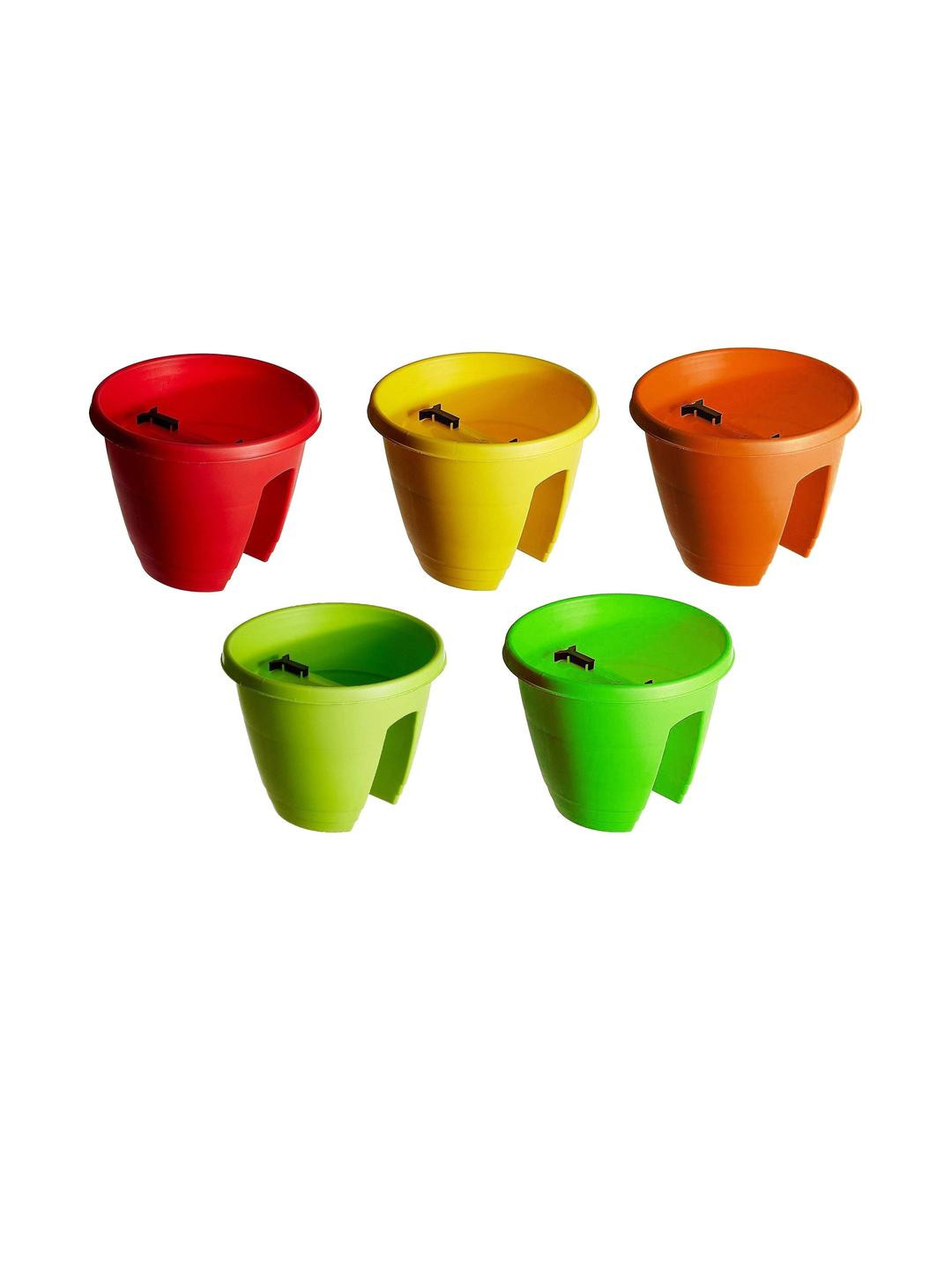 Go Hooked Multicolor Set of 5 Railing Flower Pots 12 Inch Planters for Balcony and Garden