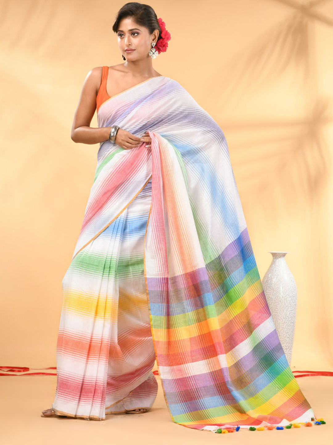 Charukriti Rainbow Stripes Zari Pure Cotton Saree with Tassel Border