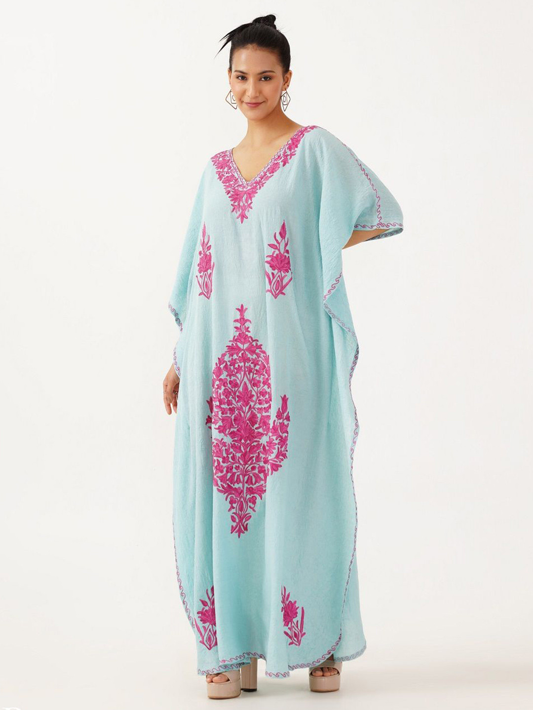 Kashmir Box Aari Embroidered Sky Blue Cotton Kaftan Maxi Dress