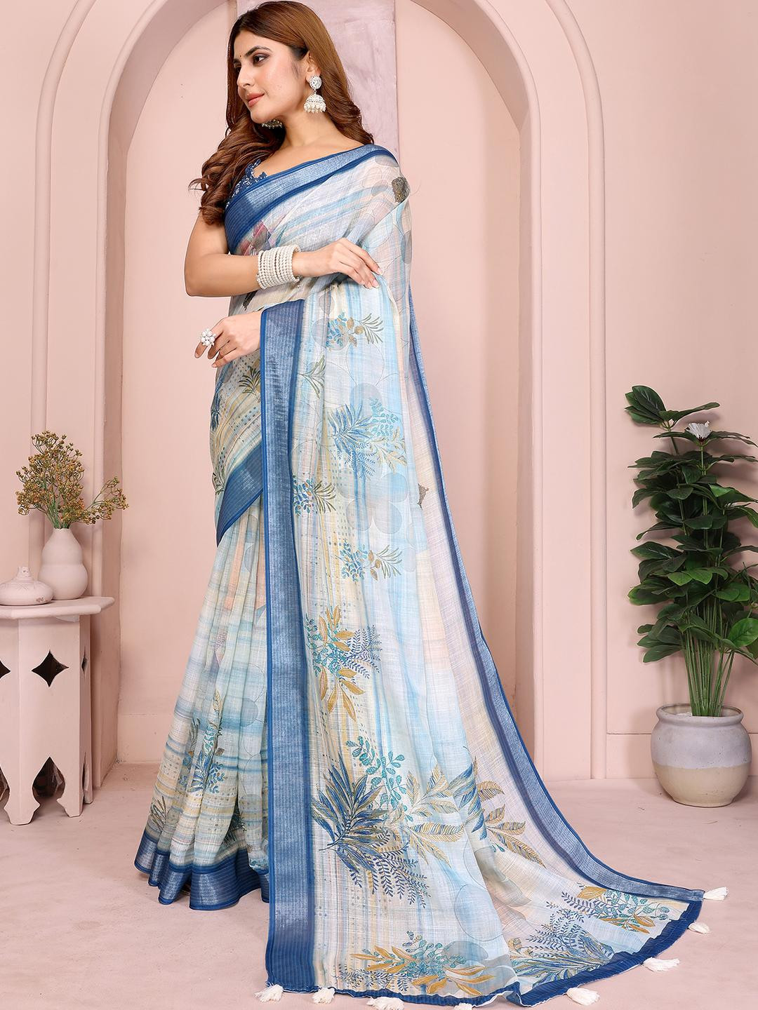 JYA Women Aqua blue Floral Printed Tissue Silk Saree With Blouse Piece