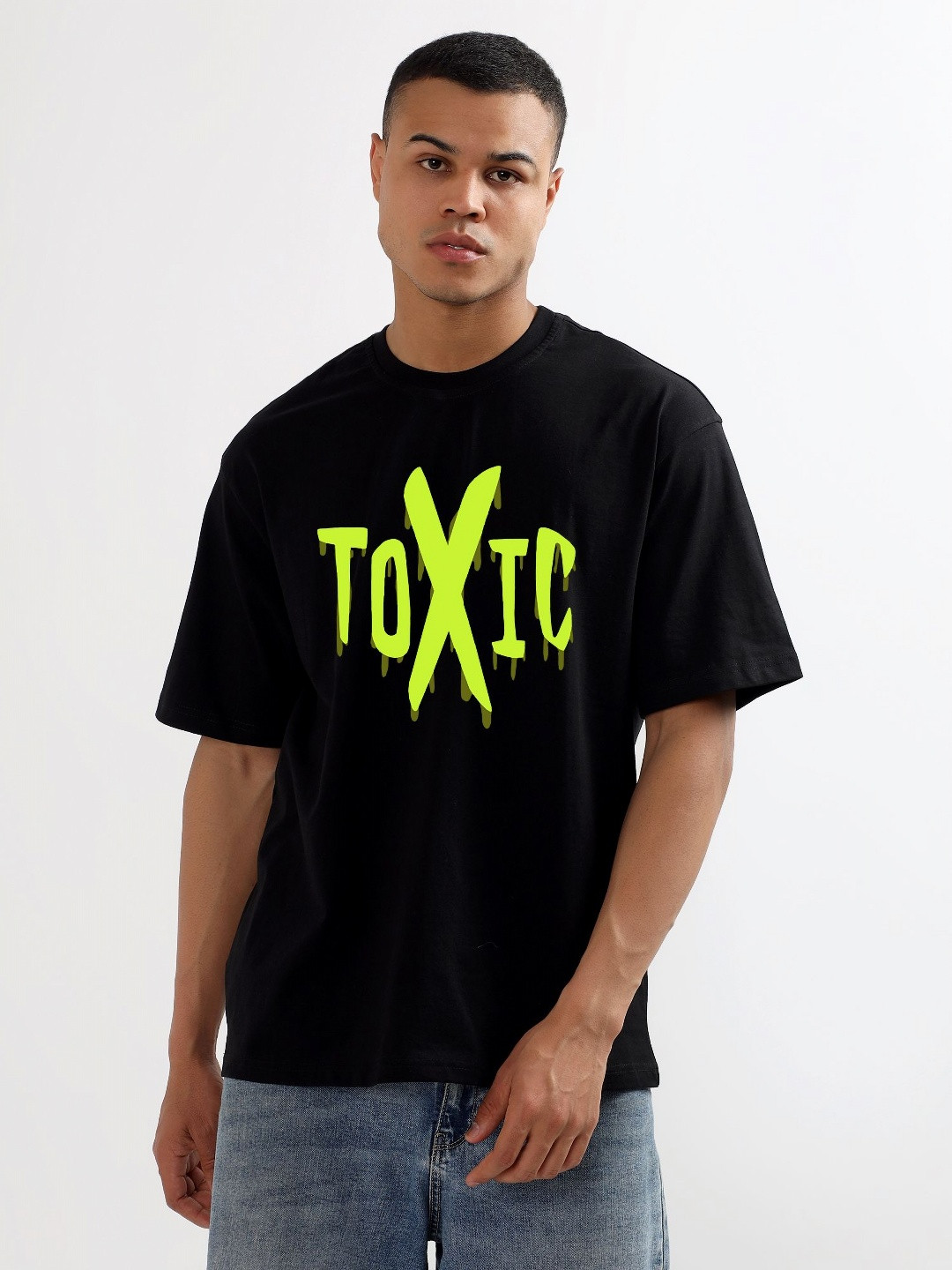 CODE OF HONOUR Toxic Printed Round Neck Drop-Shoulder Sleeves Cotton Oversized T-shirt