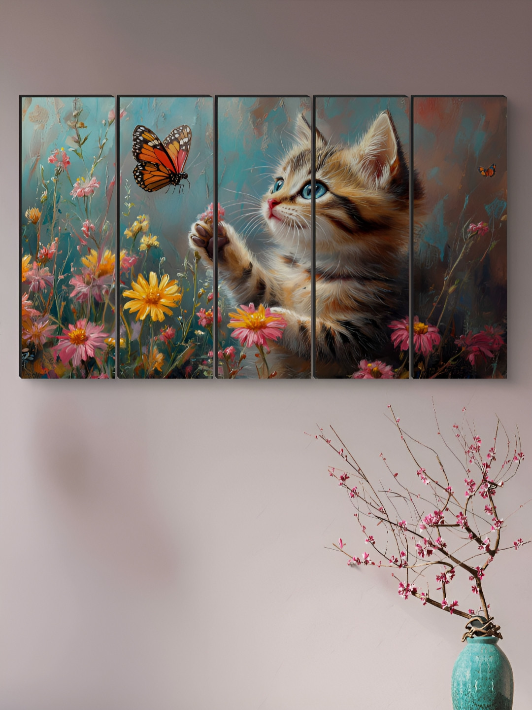 Myntra Elegant Homes Blue & Pink 5 Pieces Cute Kitten MDF Wooden Wall Art