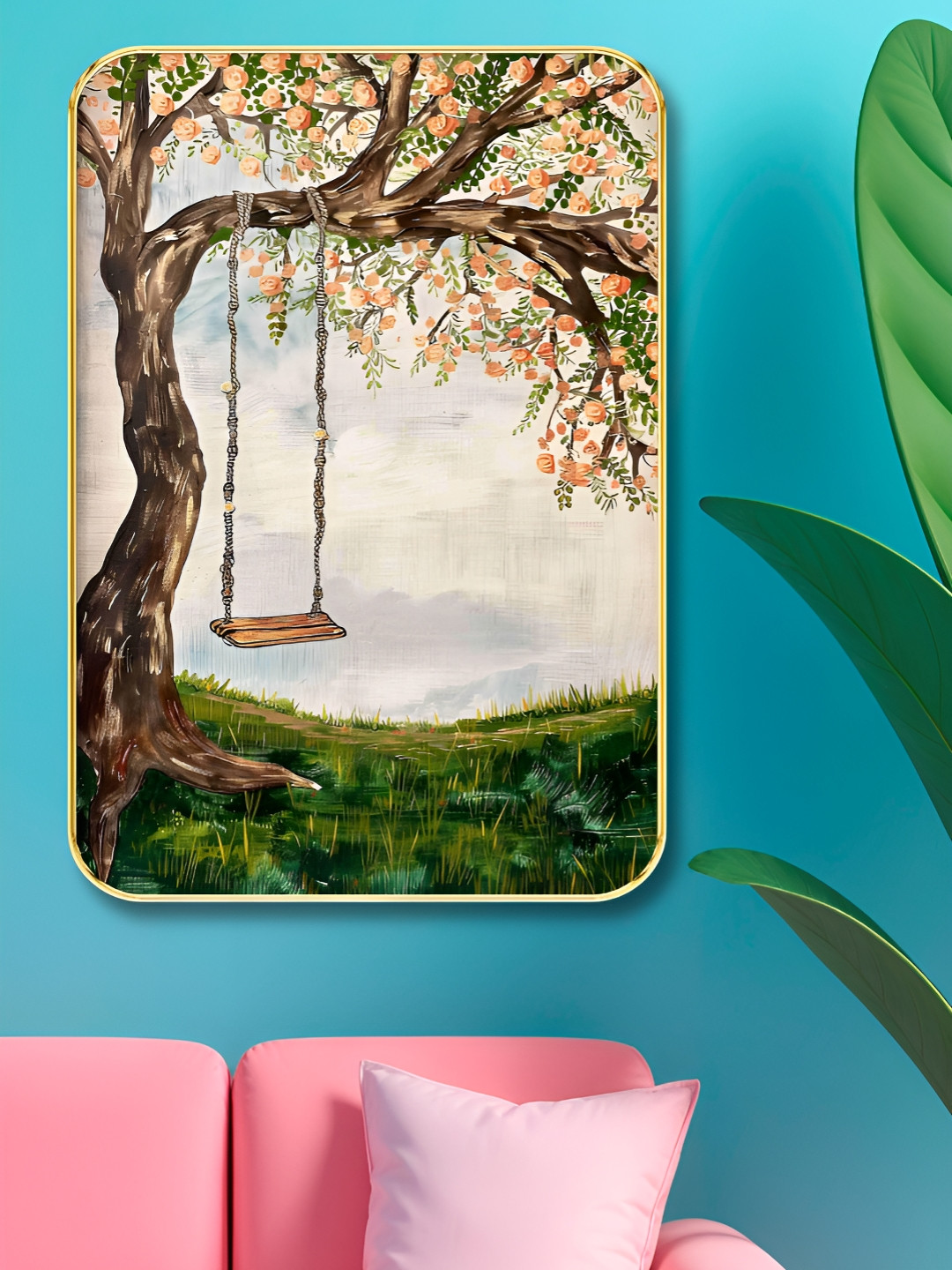 Livin'luxe Brown & Green Swing Under Blooming Tree Wall Art