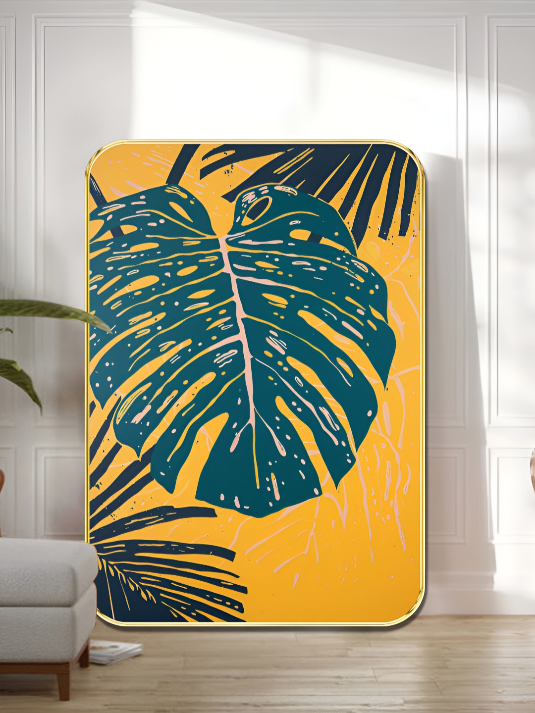 SAF Orange & Green Tropical Monstera Leaf Printed Wall Art