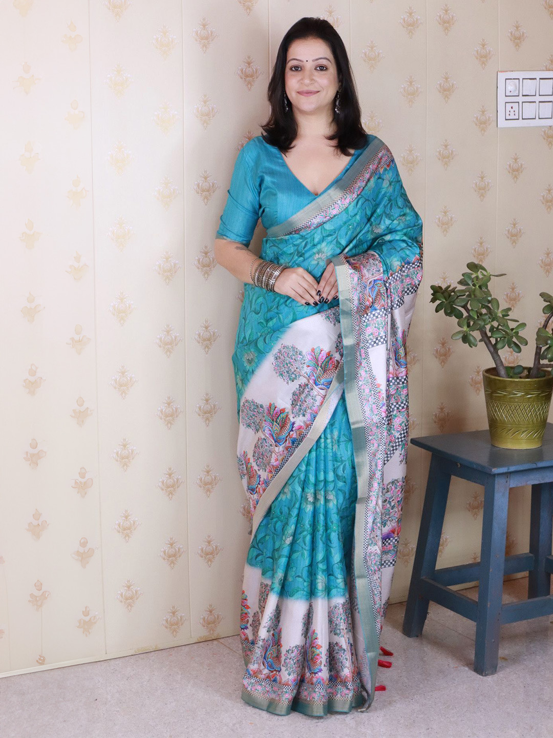ELITE WEAVES Kalamkari Zari Tussar Saree