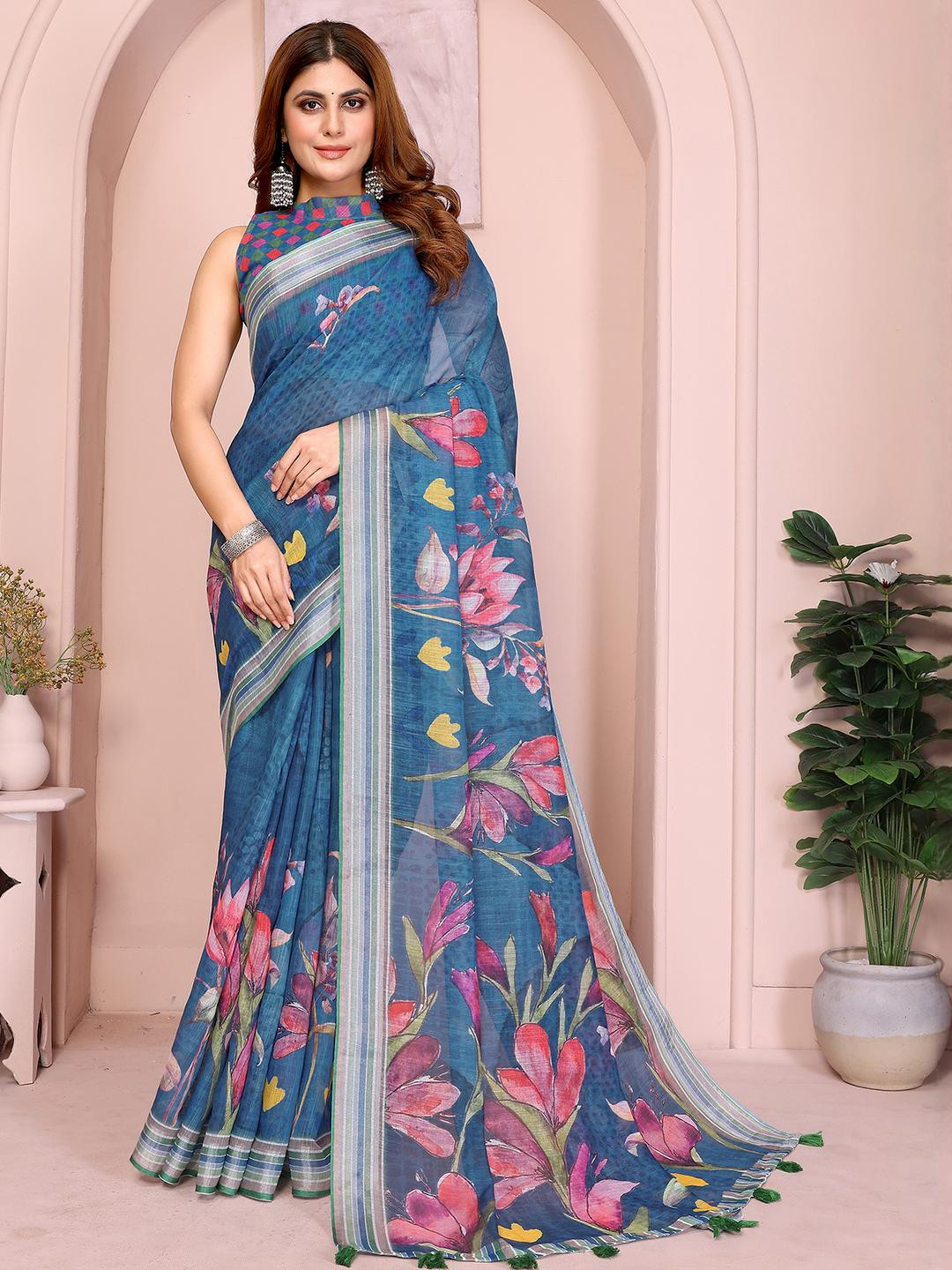 JYA Floral Printed Celebrity Inspired Cotton Linen Saree For Women