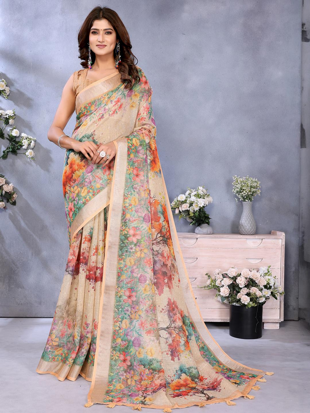 JYA Women Beige Floral Printed Tissue Silk Saree With Blouse Piece