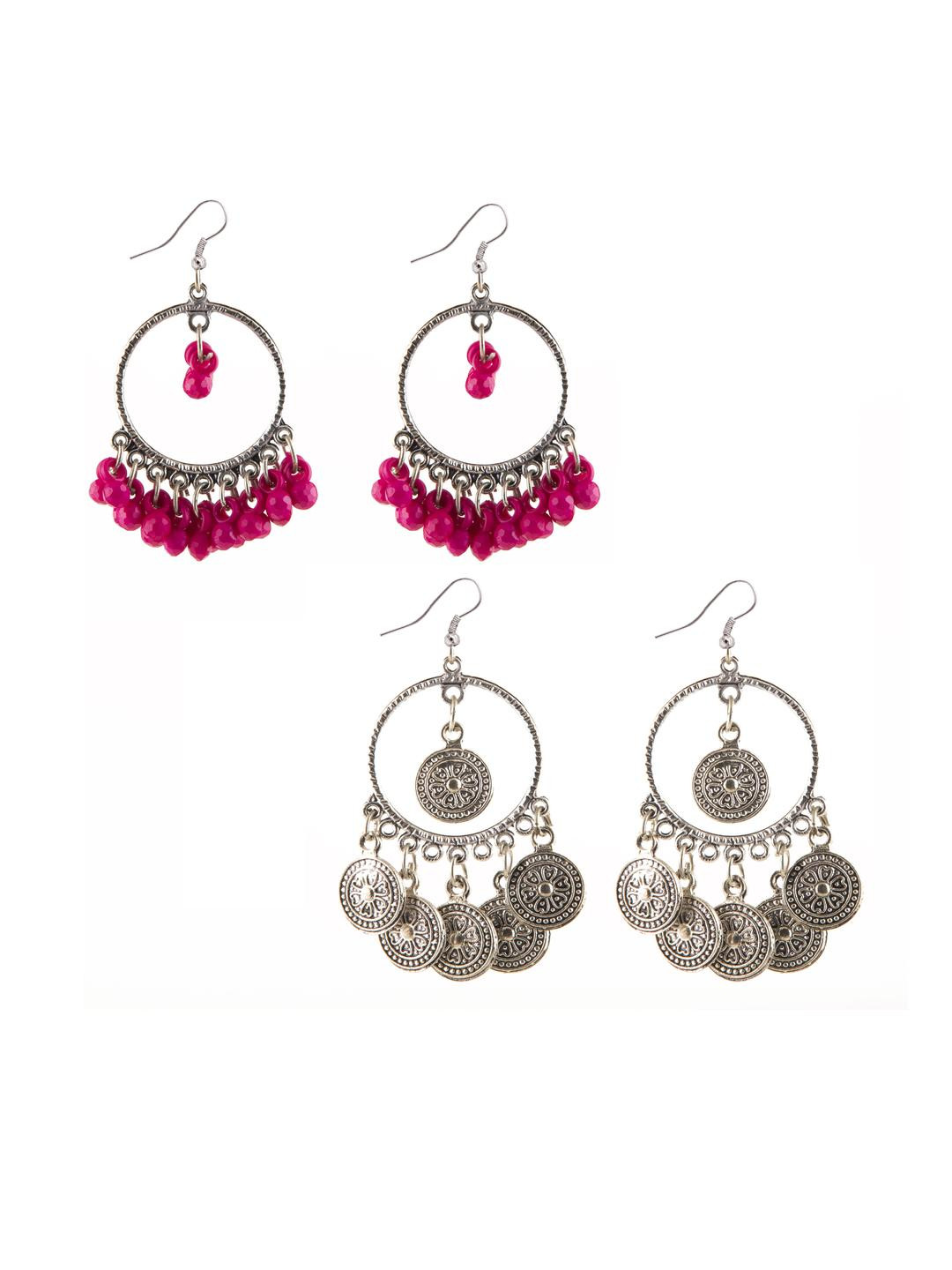 Combo Silver Oxidize Pink & Coins Earrings for Girls