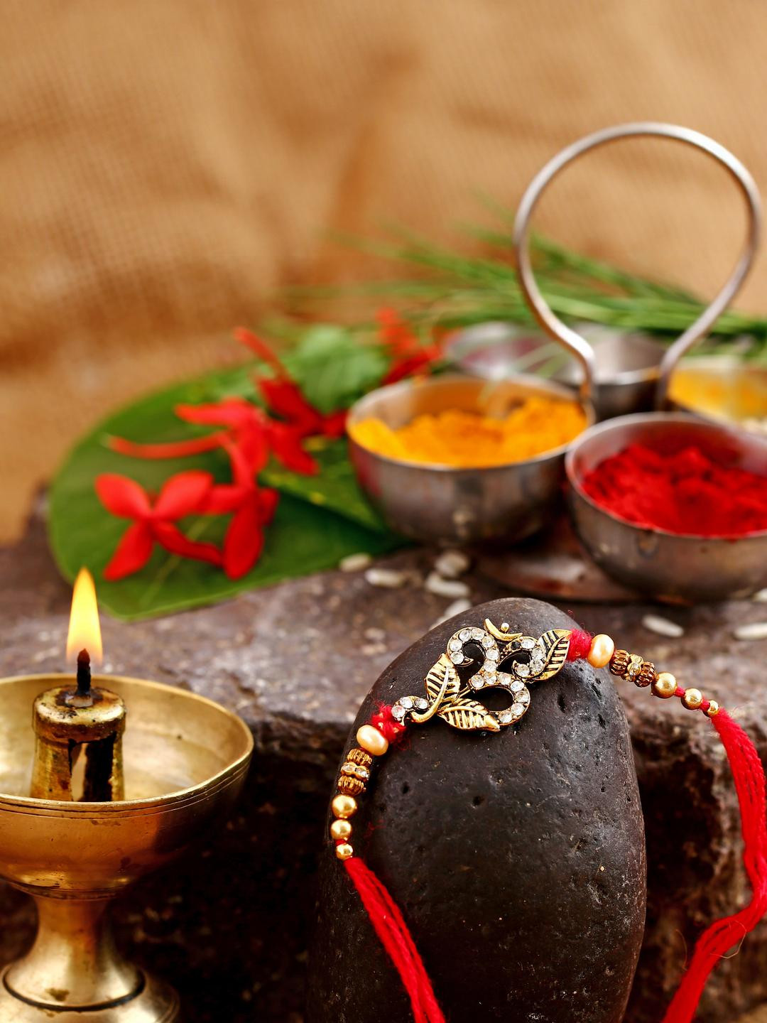 VIVASTRI Unisex Antique Finish Gold Plated Red Theard Ethnic Alloy Rakhi