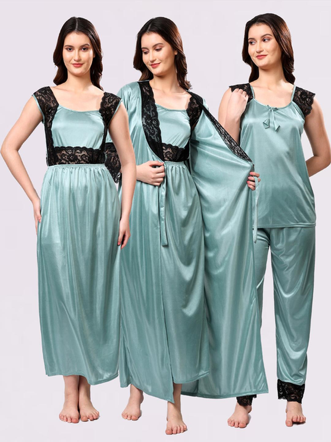 NIGHT KEYS Women Soild Satin Maxi Nighty with Robe & Night Suit