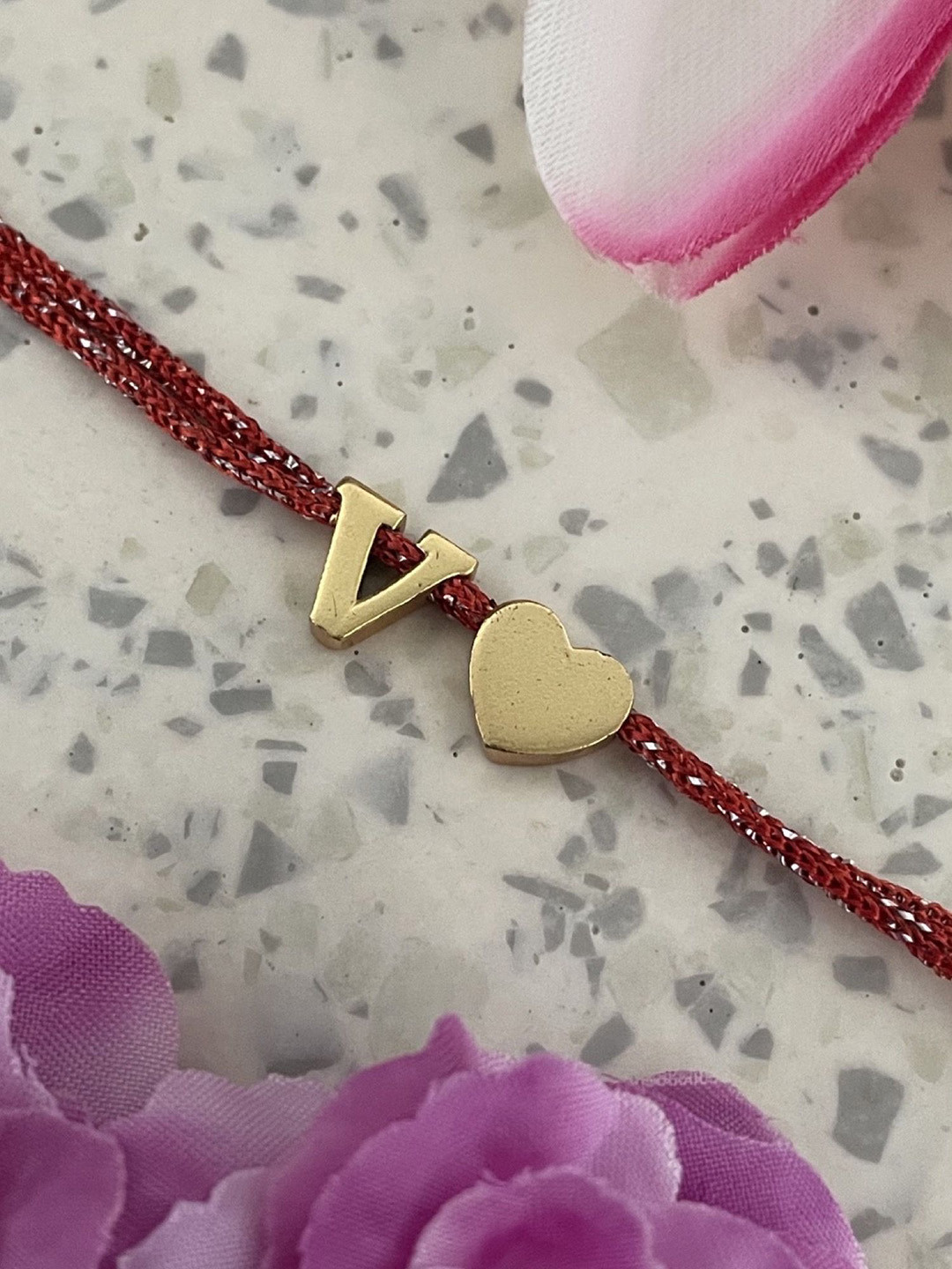 Digital Dress Room V Letter Initial Heart Charm Thread Rakhi