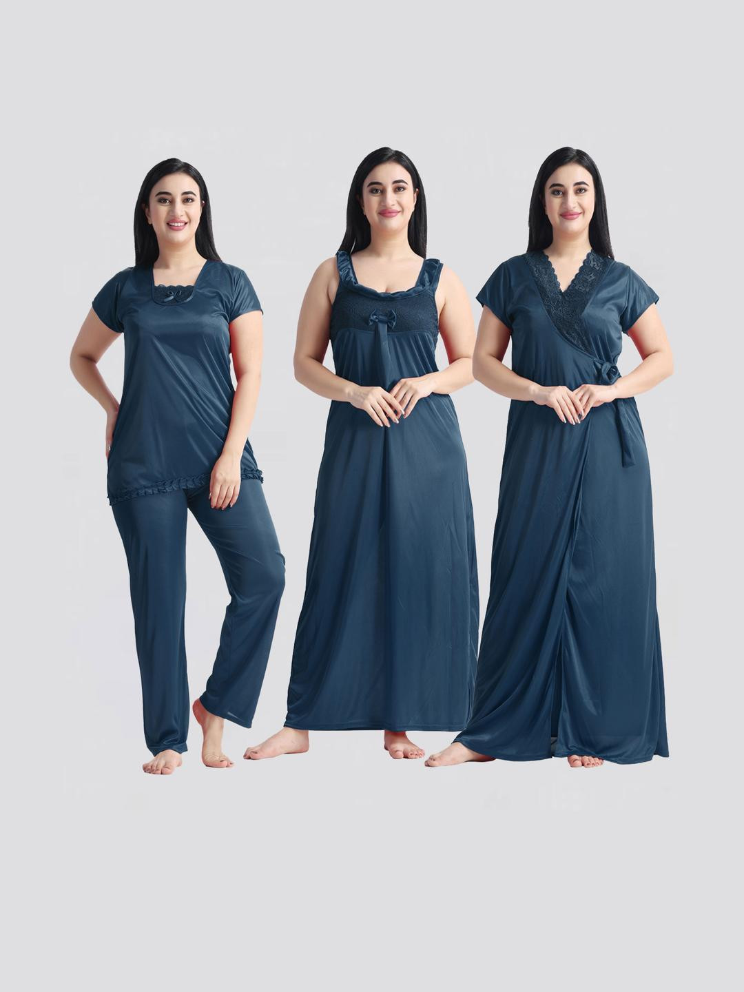 NIGHT KEYS Square Neck Satin Nightdress With Night Suit & Robe