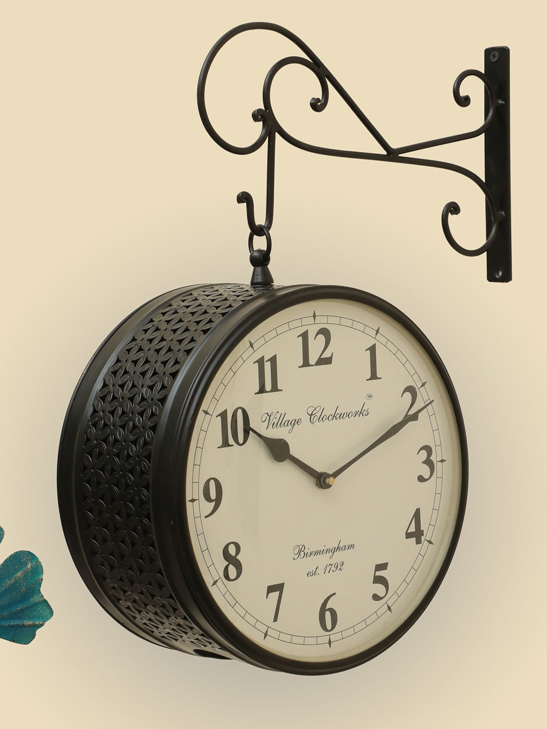 vedas Anvi Black & White Textured Metal Double Sided Round Shaped Wall Clock