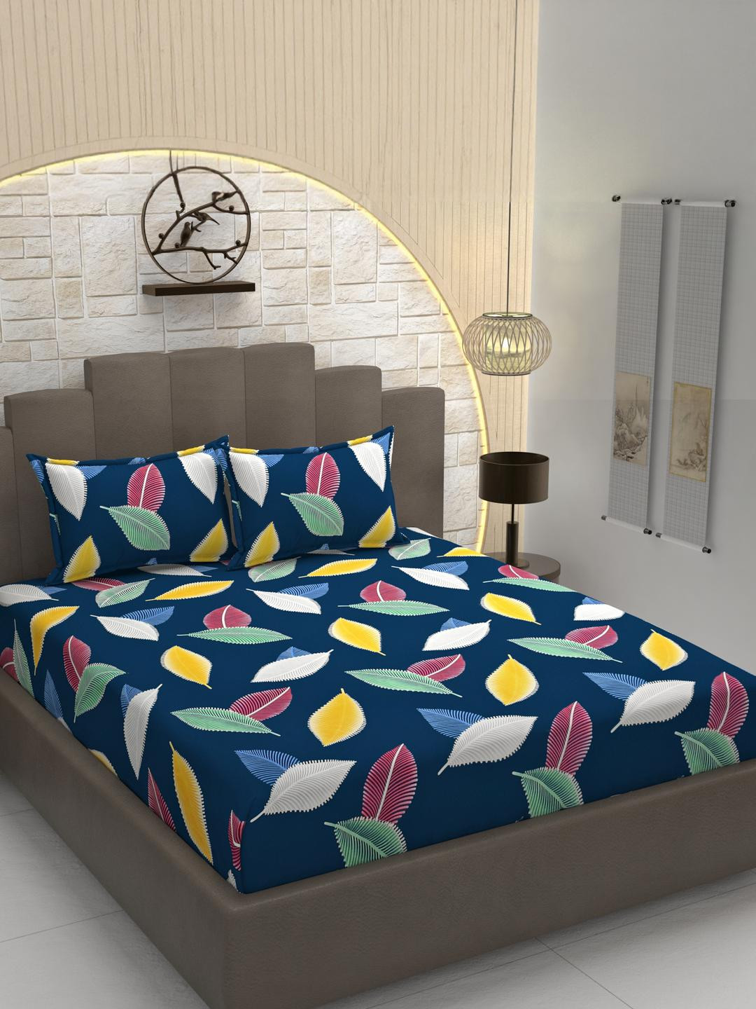 Fabture Blue & Green Printed Cotton 210 TC Queen Bedsheet with 2 Pillow Covers