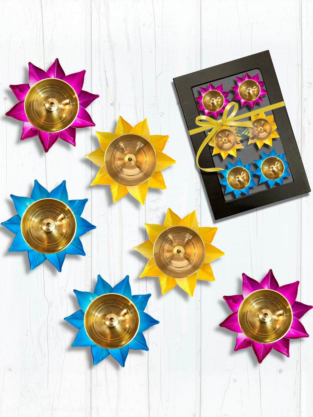 Lamina Multicolor Set of 30 Blue & Yellow Lotus-Shaped Diyas