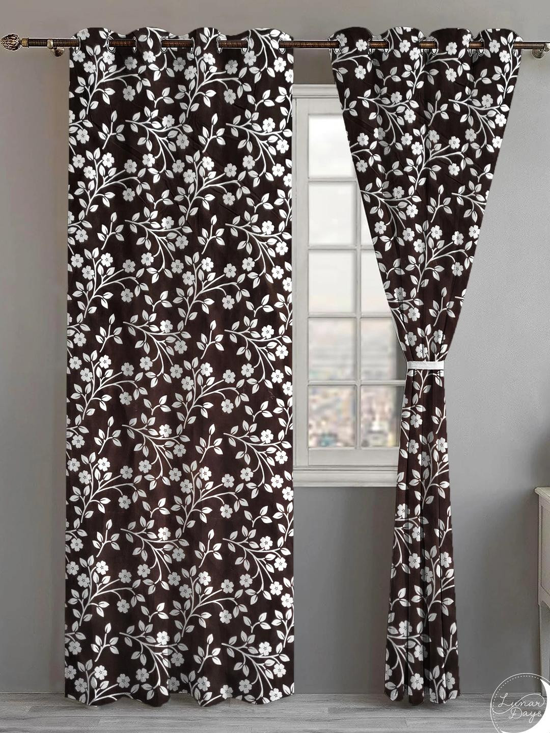 Lunar Days Unisex Set Of 1 Brown And White Floral Print Ripple Fold Regular Window Curtain
