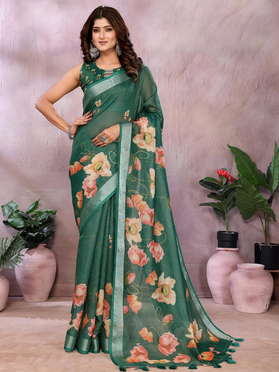 Jya Printed Linen Shimmer Saree For Women With Blouse Piece