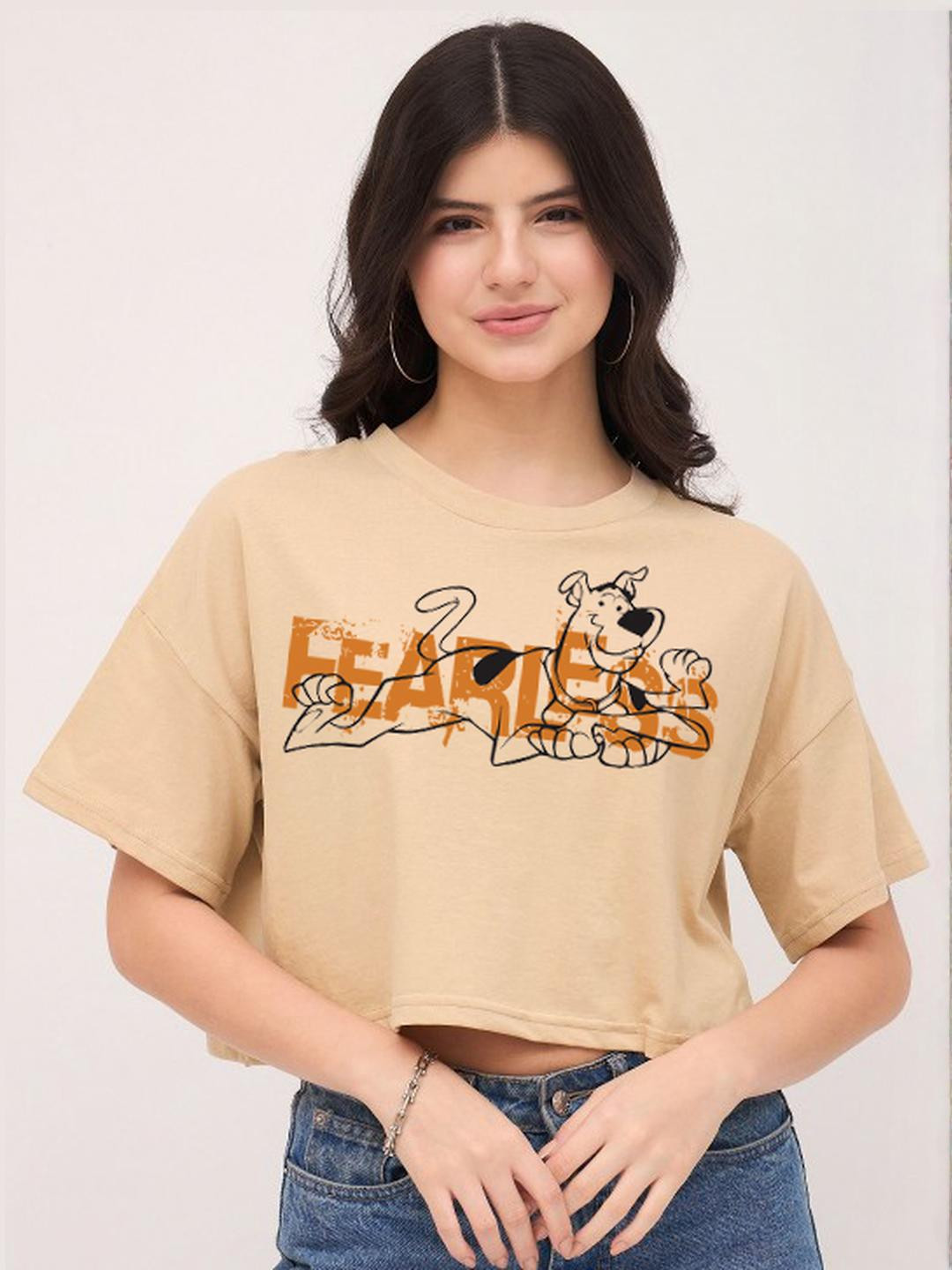 Dreambe Pack of 2 Scooby Doo and Mickey Mouse Printed Drop-Shoulder Sleeves Crop T-shirt