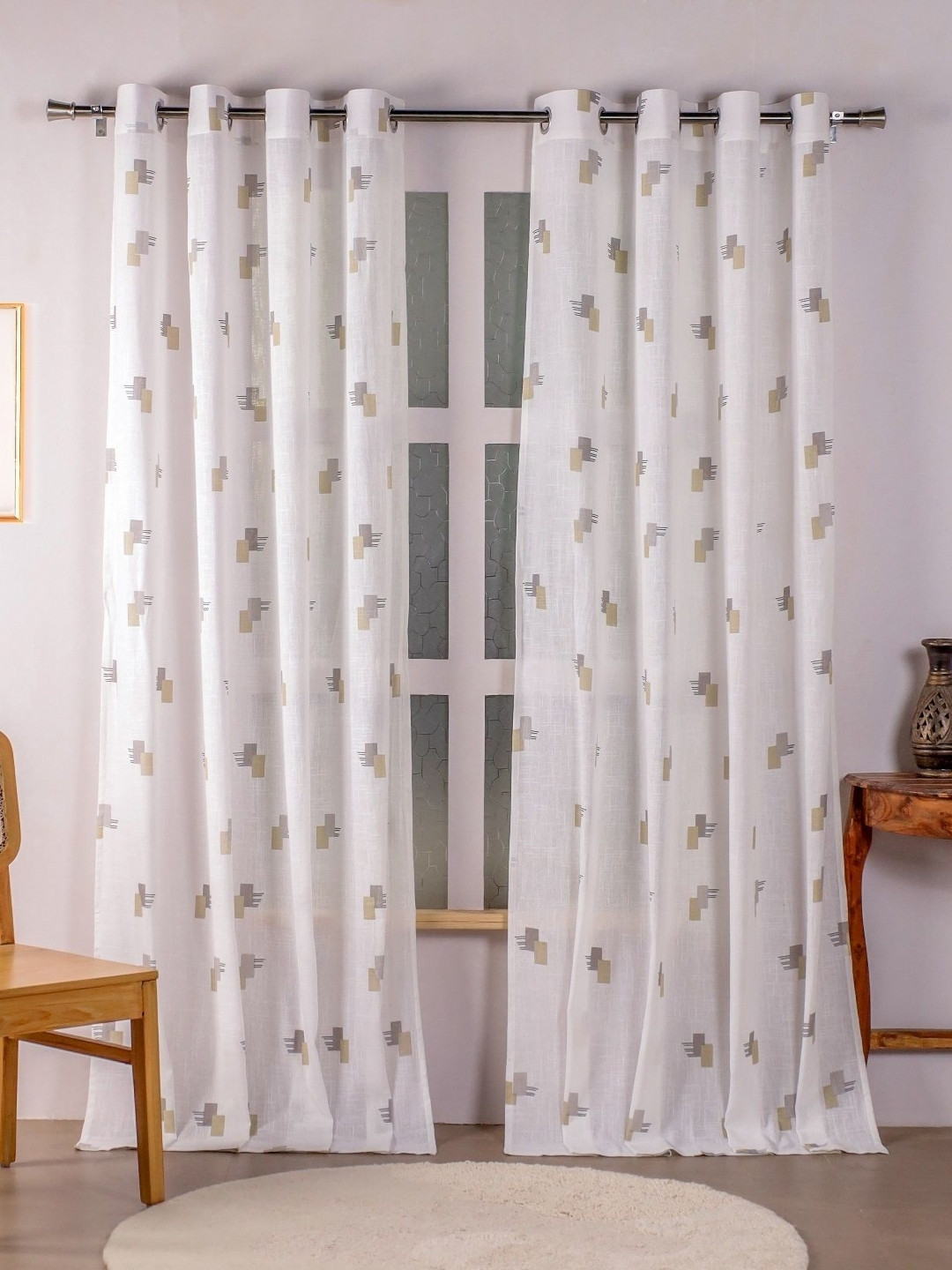 HOMEMONDE Silver-Toned & Mustard 2 Pieces Printed Cotton Sheer Door Curtains